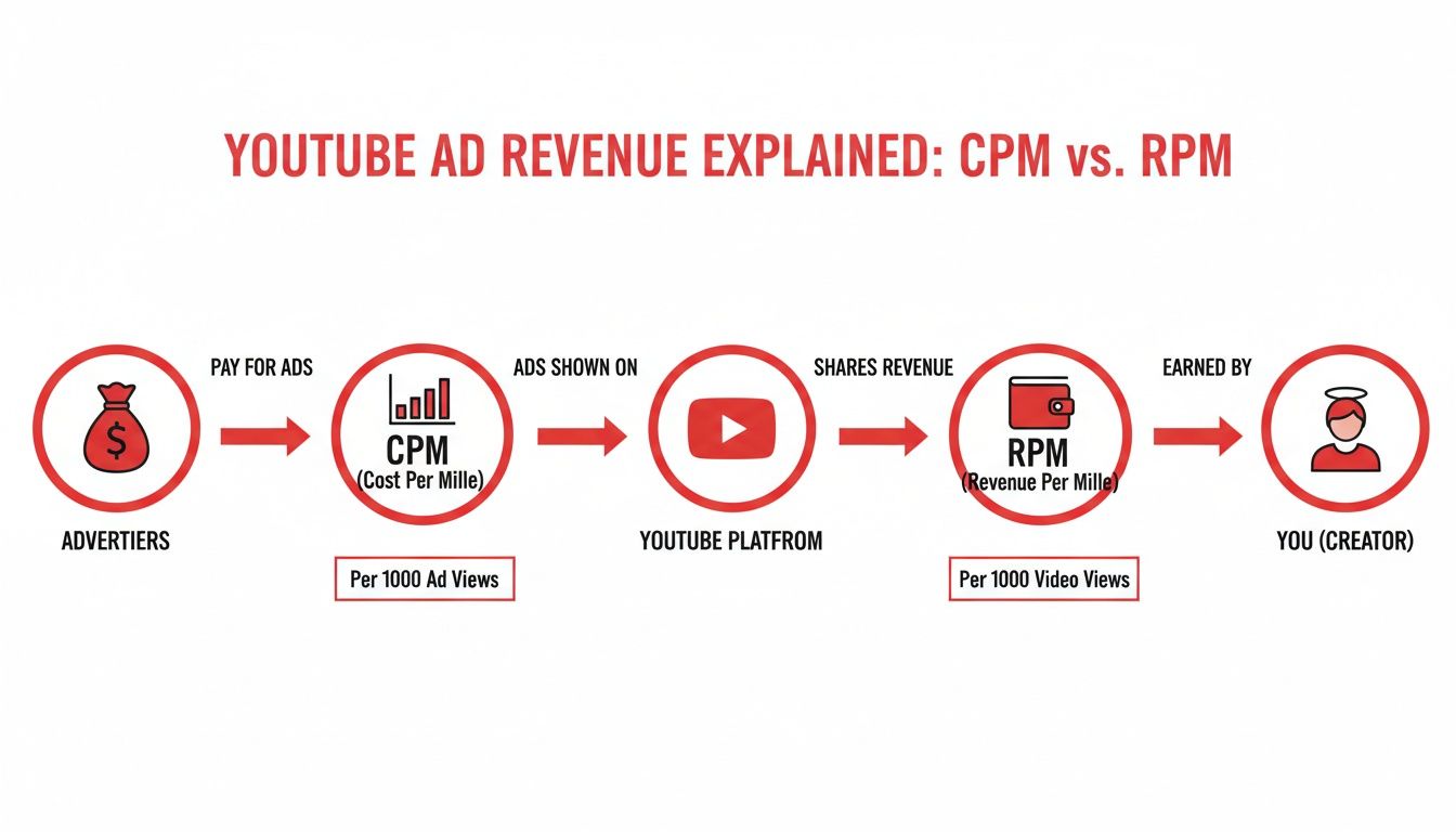 Diagram explaining YouTube ad revenue flow: Advertisers pay for ads (CPM), YouTube shares revenue (RPM) with creators.