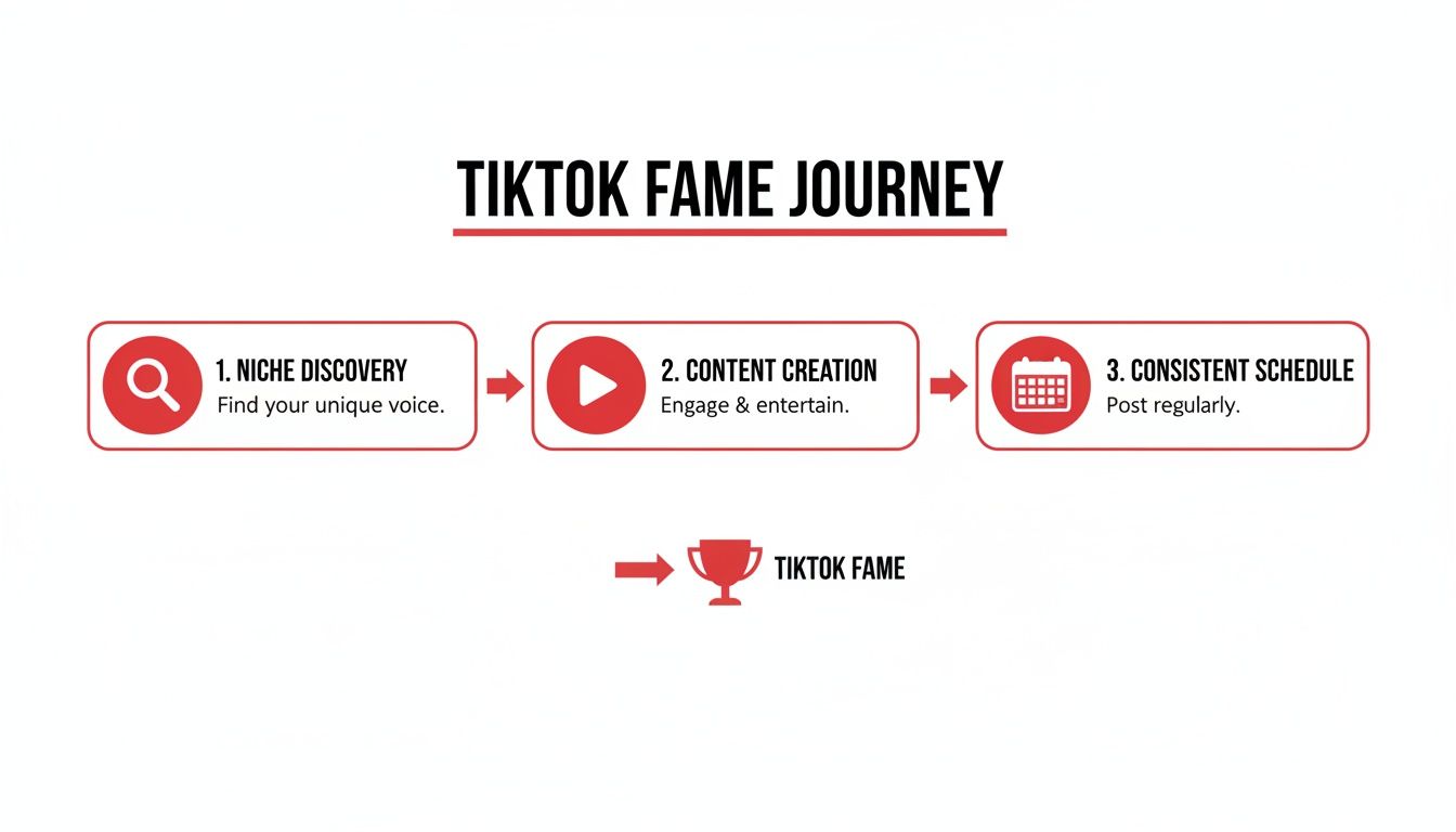 A step-by-step guide on the TikTok fame journey: niche discovery, content creation, and consistent posting.