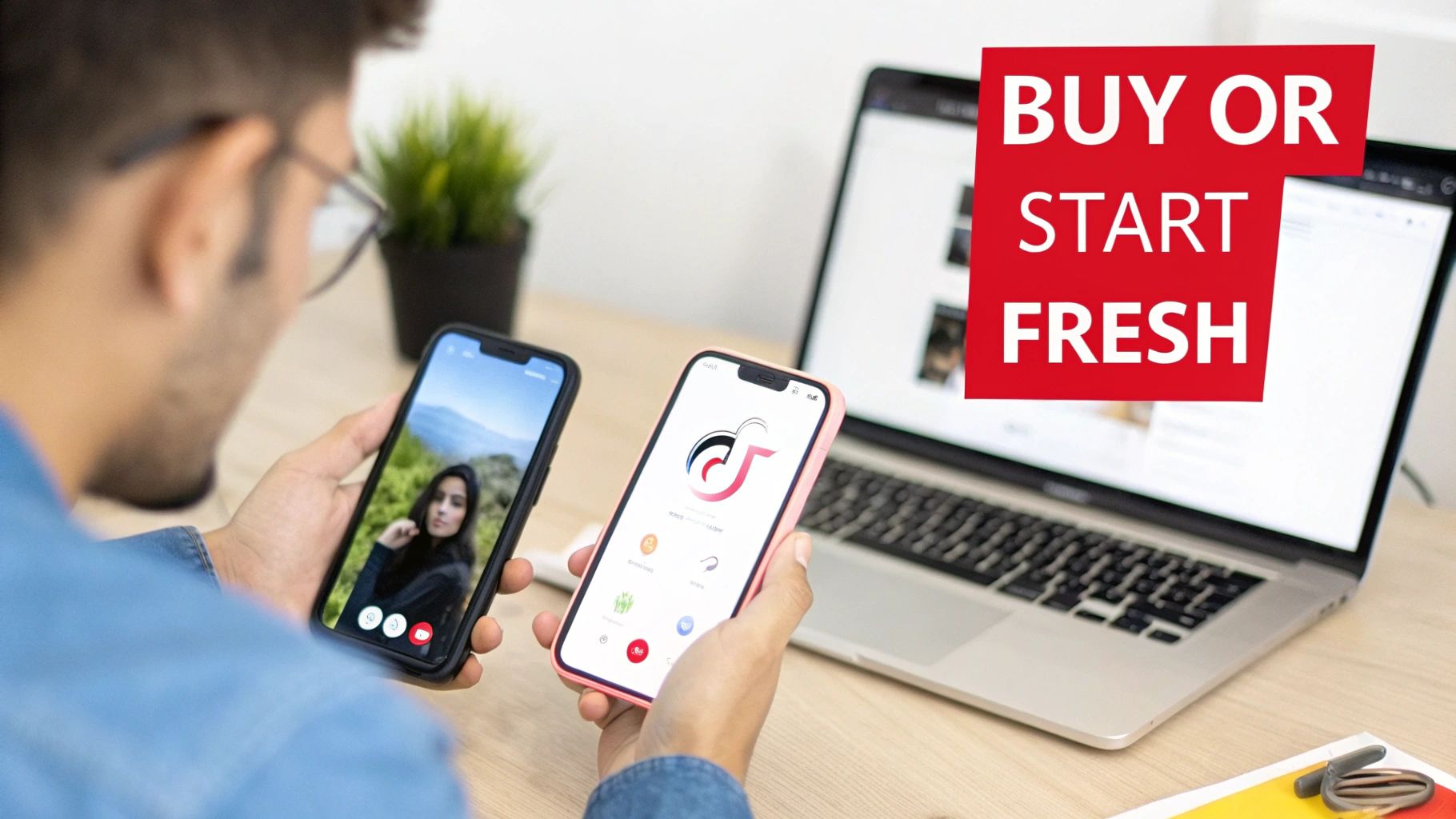 Person holding two smartphones with TikTok app and video call open near laptop displaying buy or start fresh
