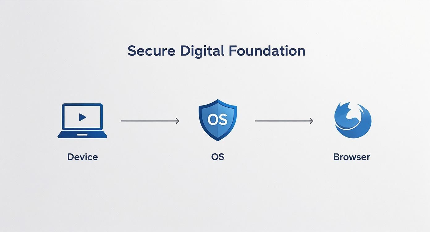 A diagram illustrating the 'Secure Digital Foundation' from Device, through OS (shield icon), to Browser.