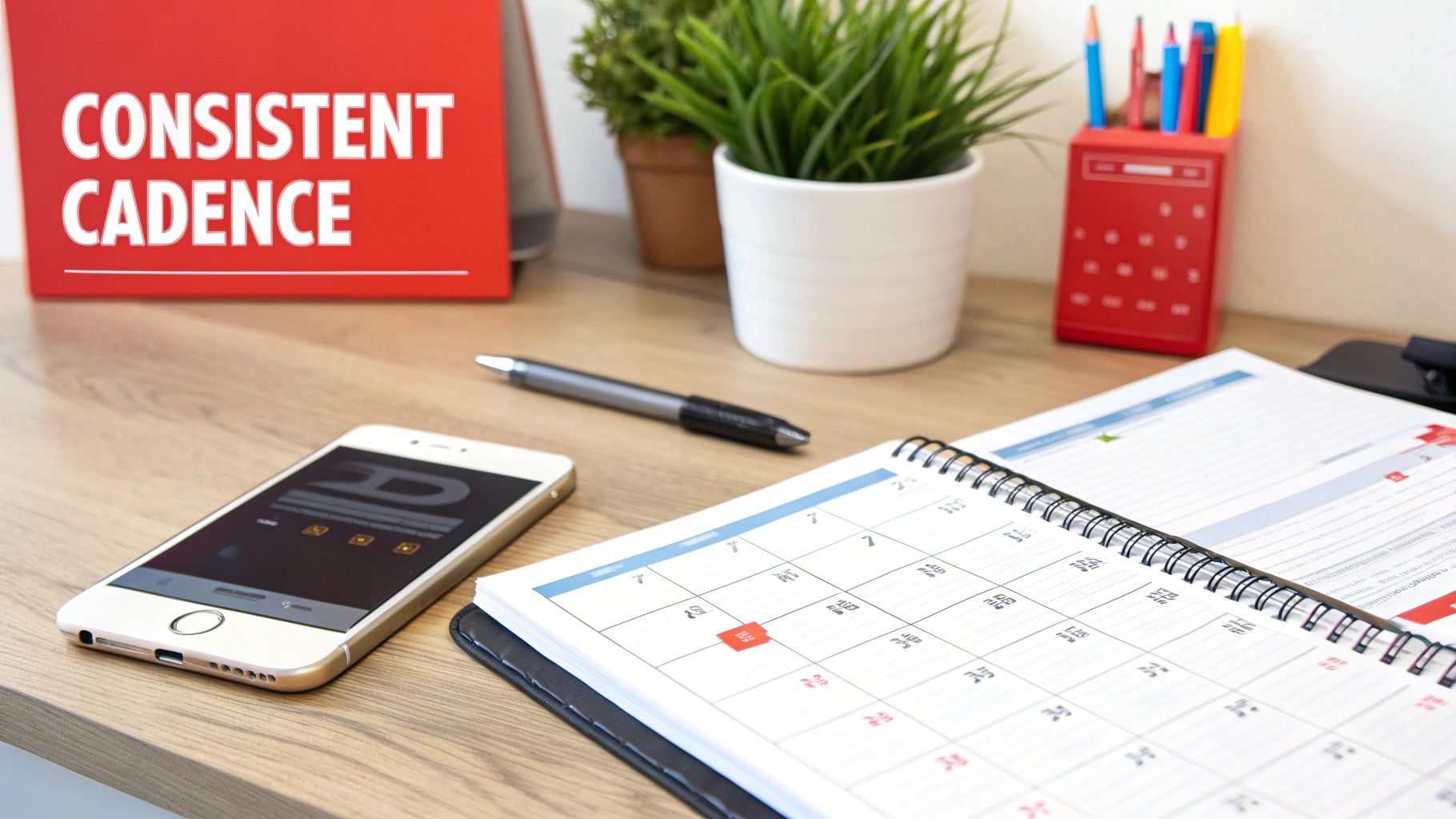 A desk with a red 'Consistent Cadence' sign, a smartphone, an open planner, and office supplies.