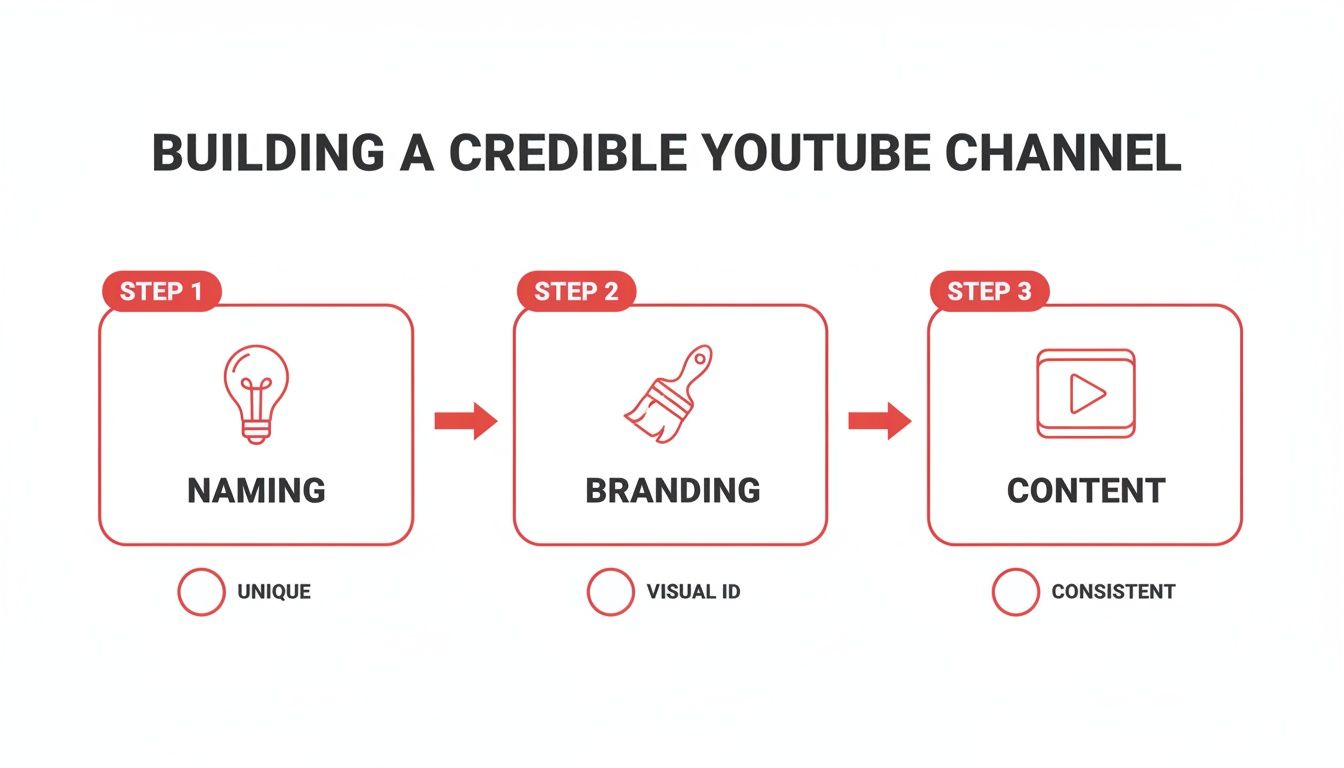 An infographic illustrates three key steps to building a credible YouTube channel: Naming, Branding, and Content.