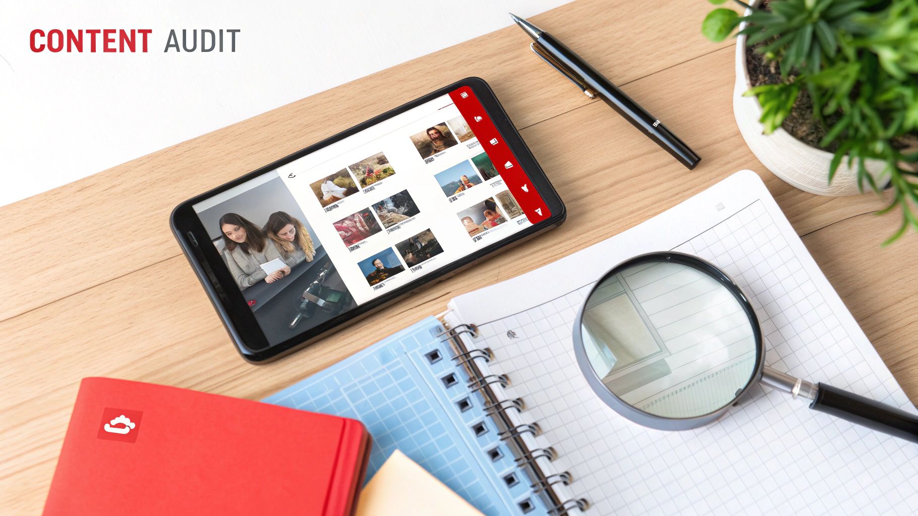 Desktop with a smartphone displaying content for an audit, notebooks, pen, and a magnifying glass.