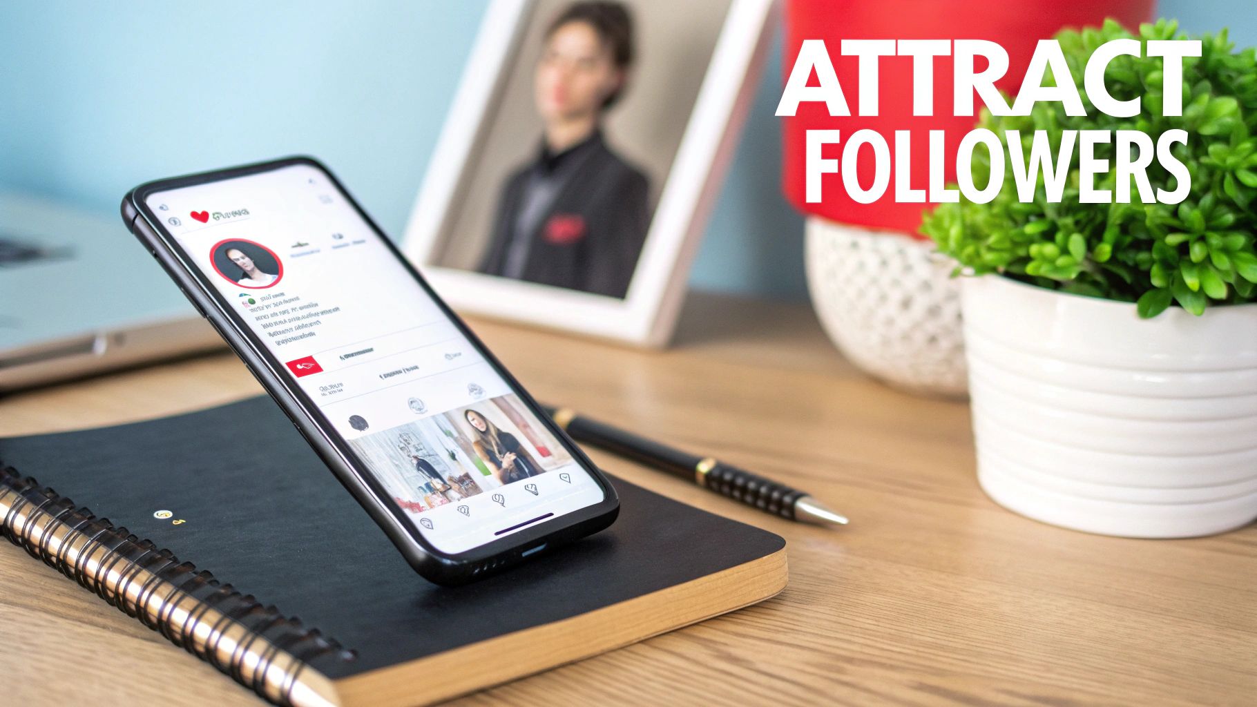 A smartphone displaying a social media profile, resting on a notebook, with 'ATTRACT FOLLOWERS' text, plants, and a framed photo.
