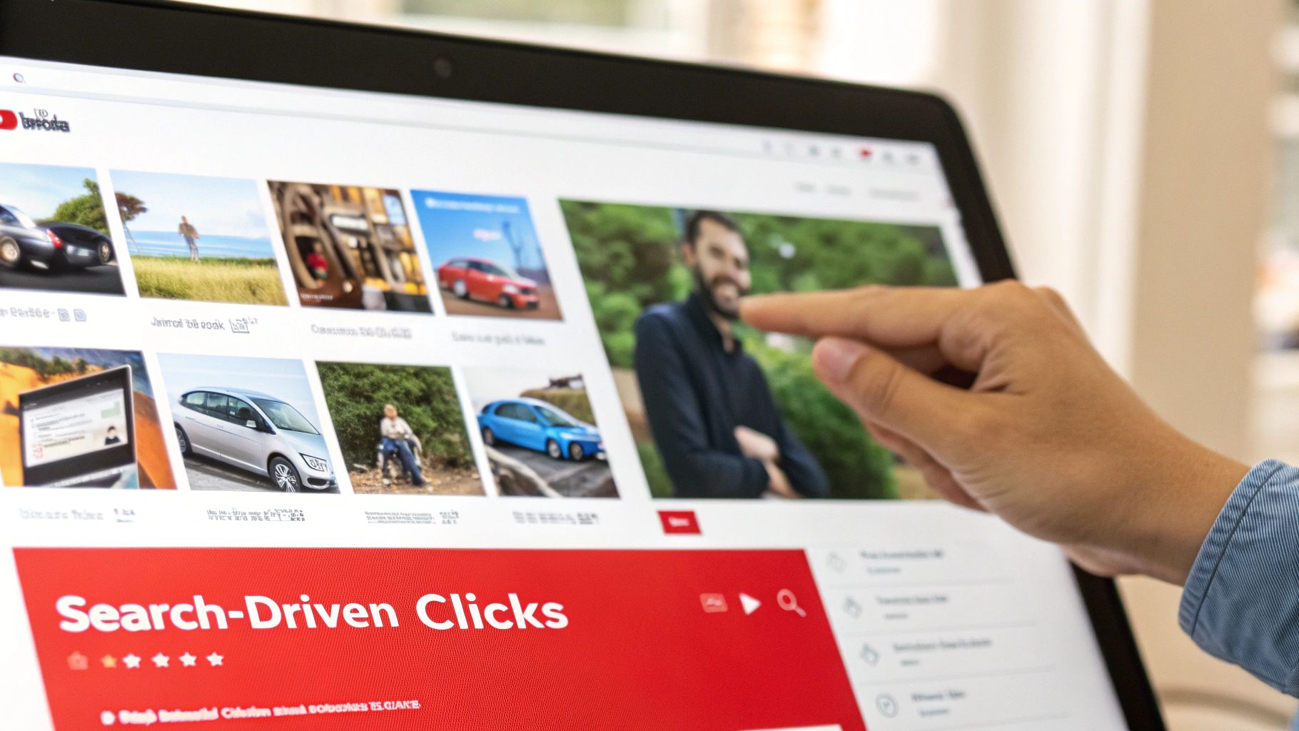 Hand pointing at a laptop displaying a YouTube-like page with 'Search-Driven Clicks' and video recommendations.