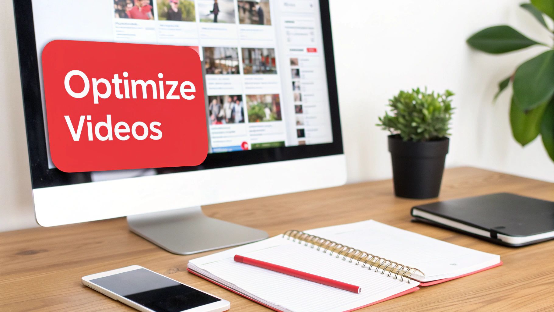 A computer screen with a red overlay showing 'Optimize Videos' text, on a desk with a phone and notebooks.