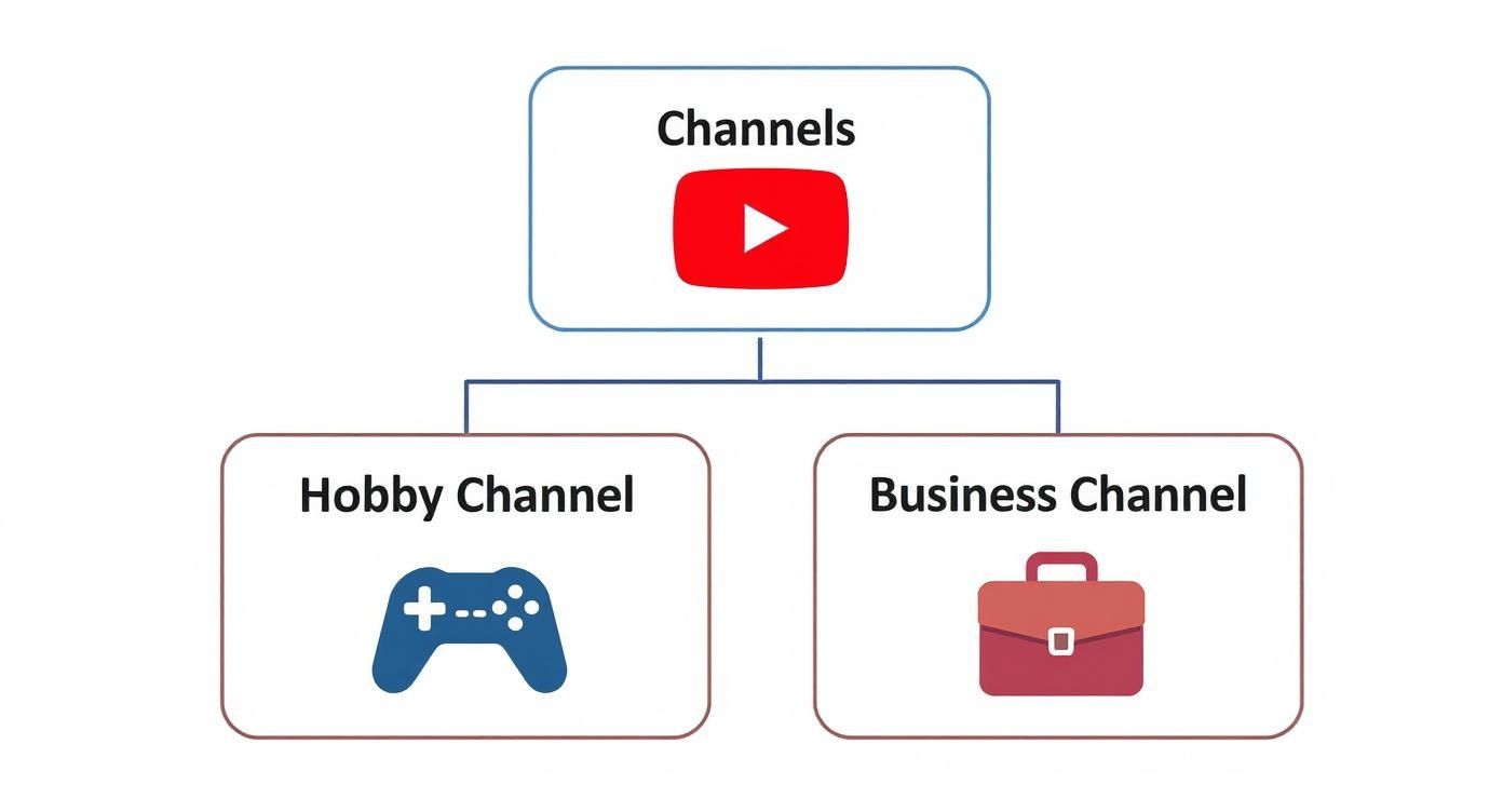Diagram showing YouTube channels split into hobby channel with game controller and business channel with briefcase