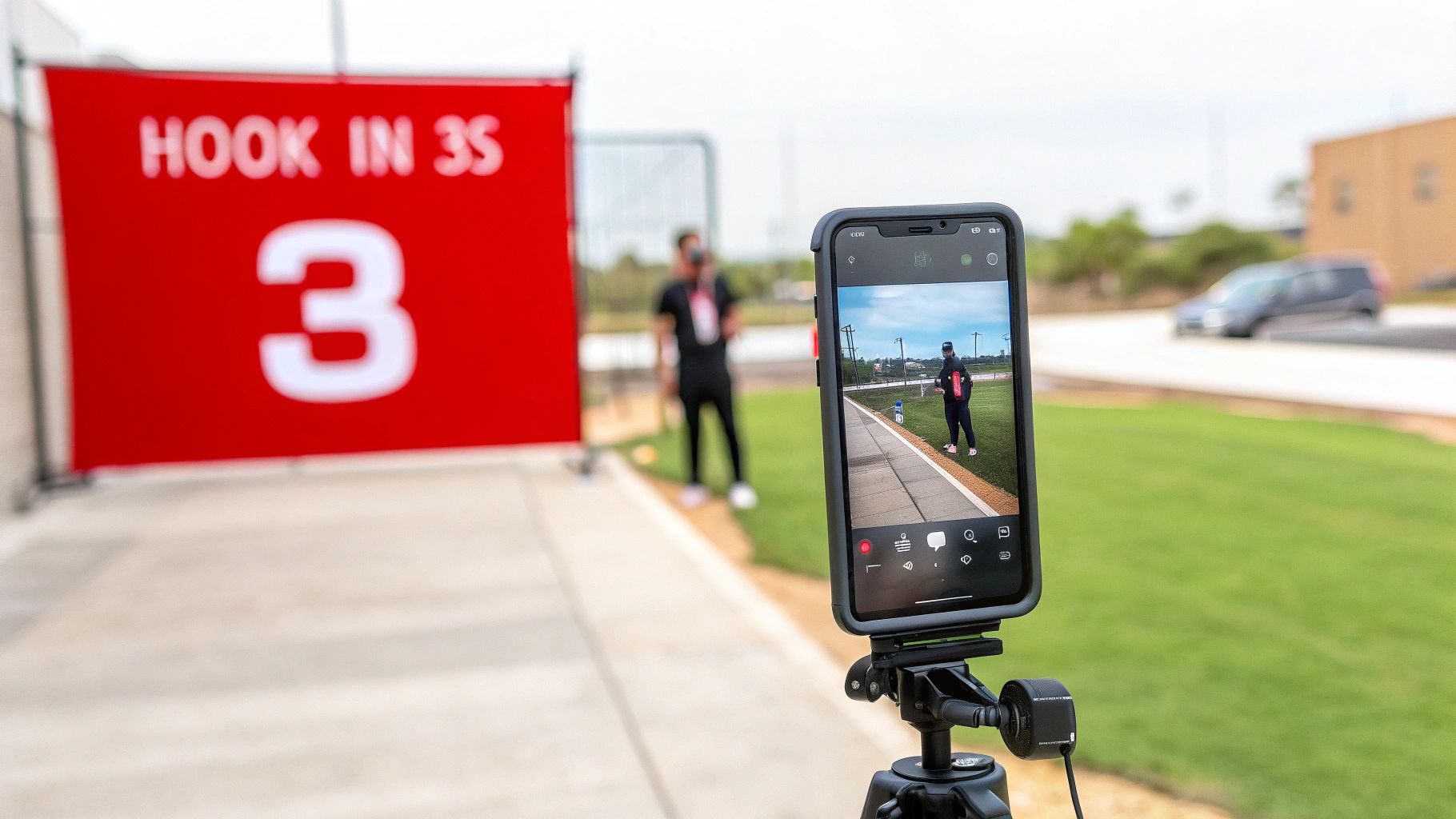A smartphone on a tripod records a person in a field, with a red banner showing 'HOOK IN 3S 3'.