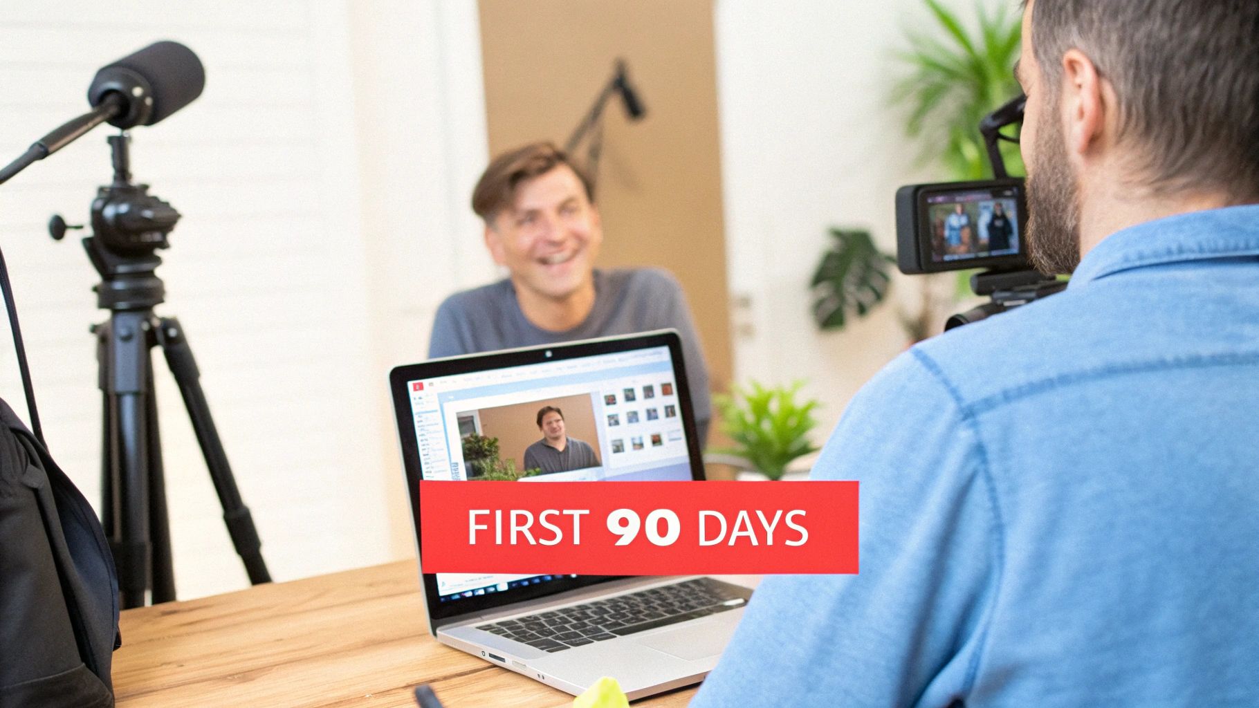 Man filming another smiling man with a laptop displaying 'FIRST 90 DAYS' in a video production setting.