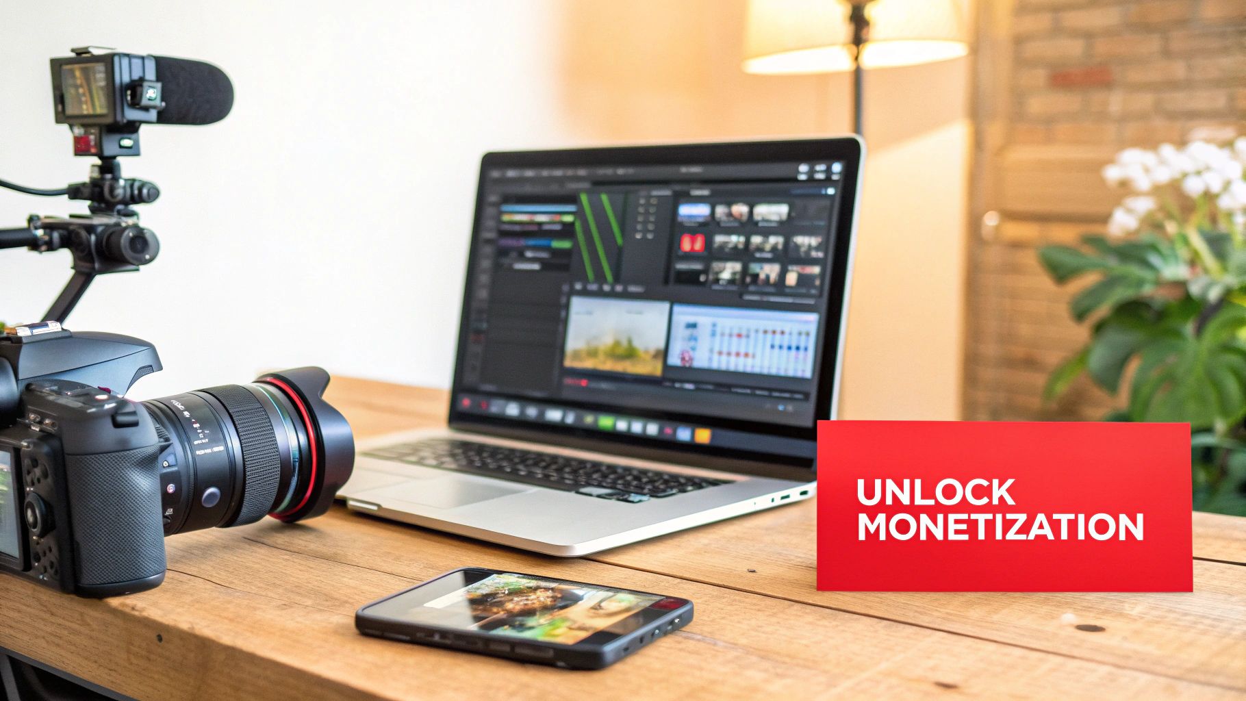 A person editing a YouTube video on their laptop, representing the creative work behind joining the Partner Program.