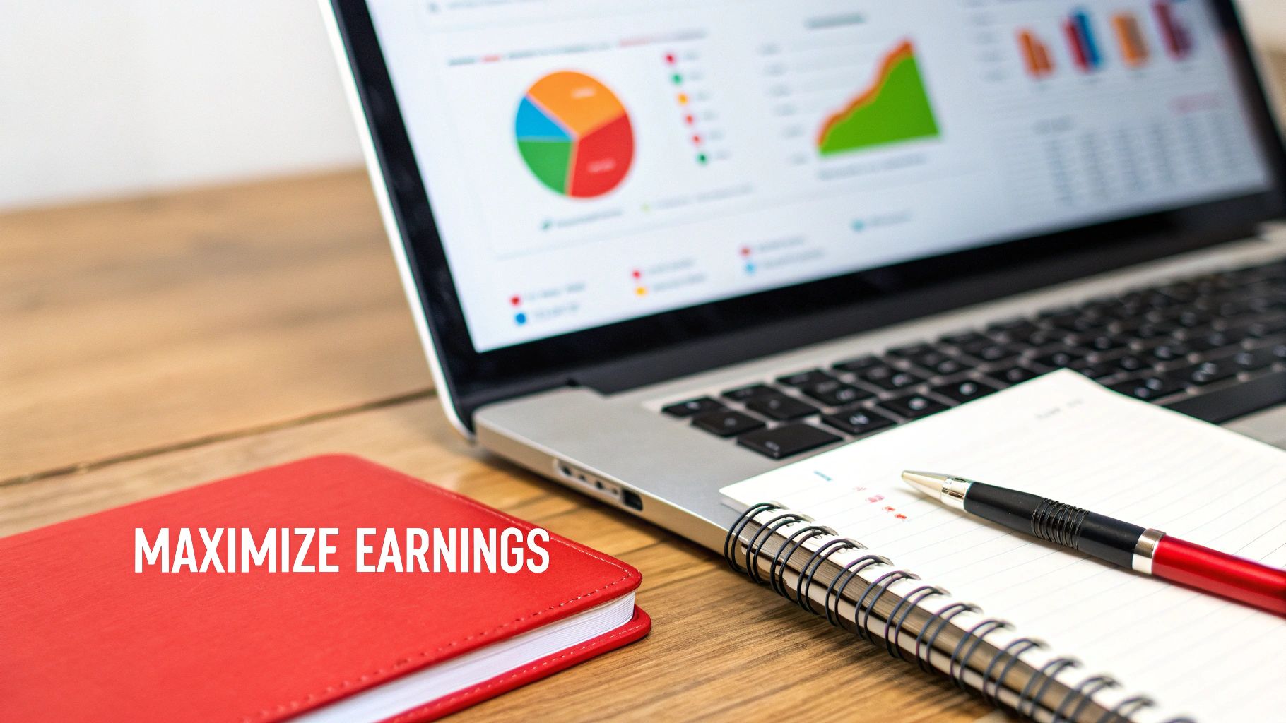 A laptop displaying financial charts and graphs next to a red notebook with 'MAXIMIZE EARNINGS' on a wooden desk.