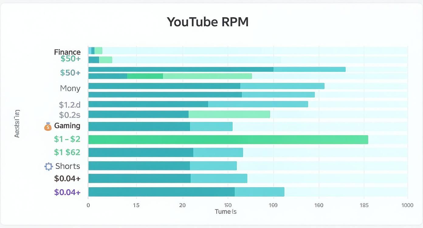 An infographic showing the vast difference in YouTube RPM between finance, gaming, and Shorts content.