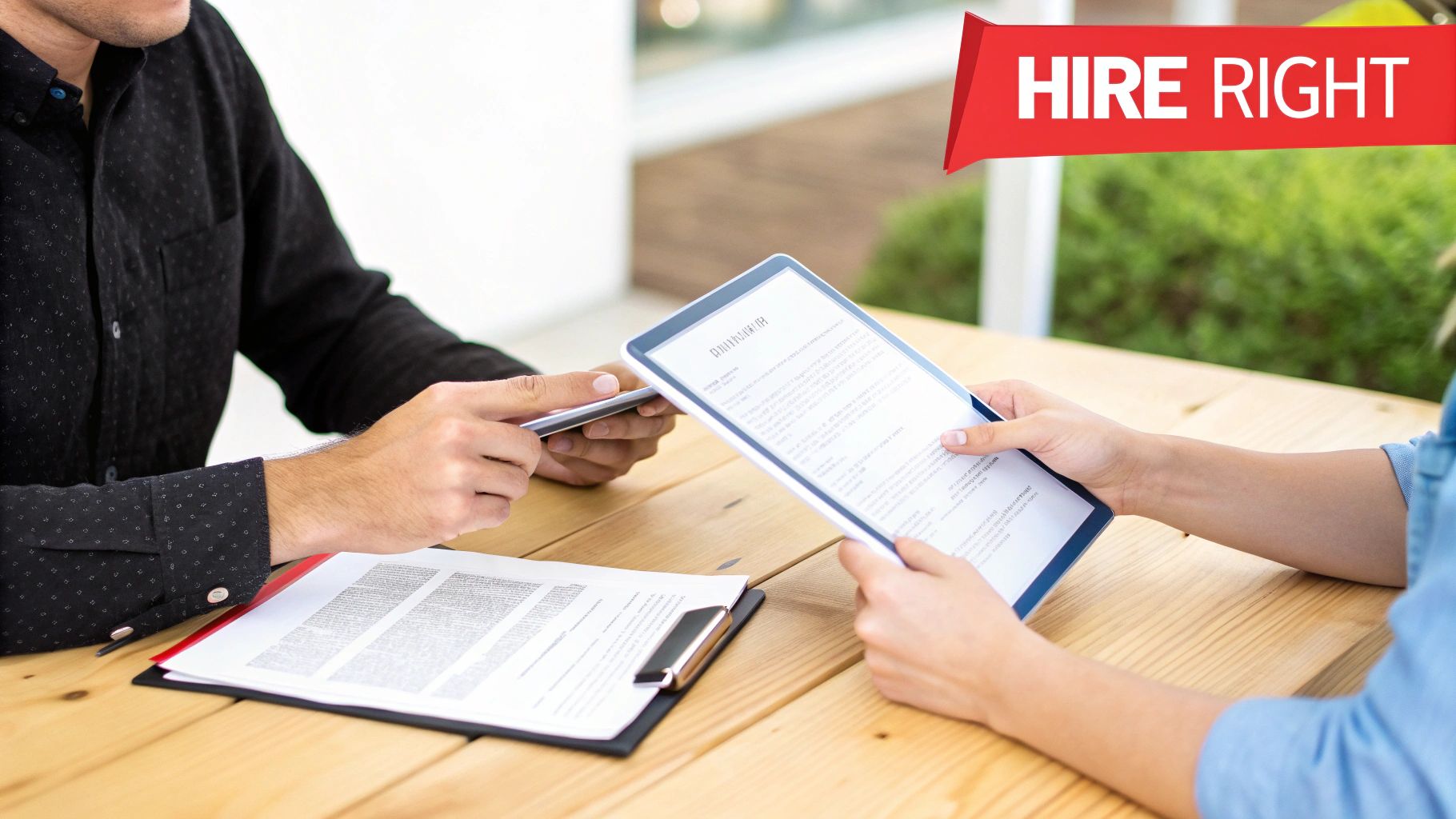 Two individuals reviewing documents on a tablet and paper at a table, with a 'HIRE RIGHT' banner.