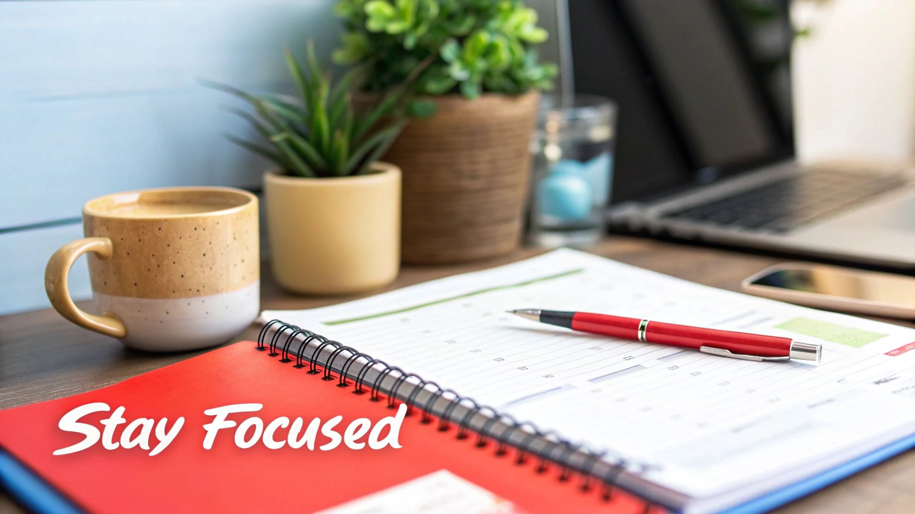 Organized desk workspace with coffee mug, calendar, red pen, and motivational stay focused note