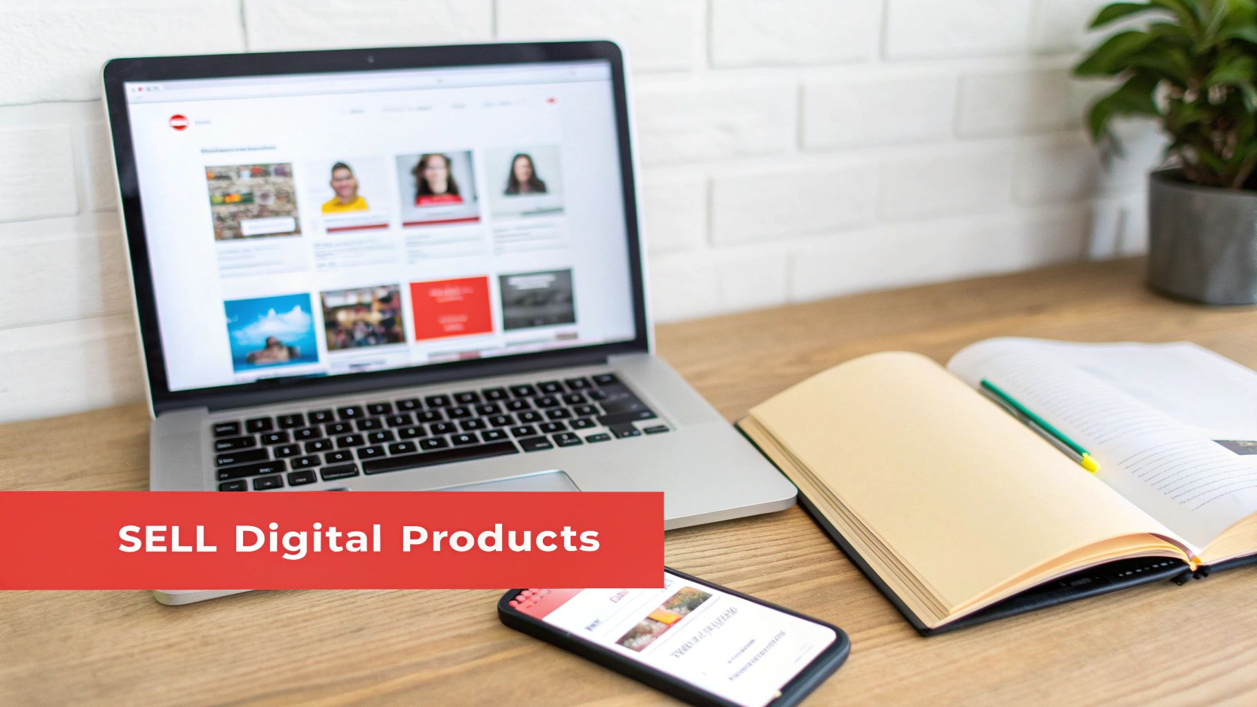 A laptop, smartphone, and open notebook on a wooden desk with a 'SELL Digital Products' banner.