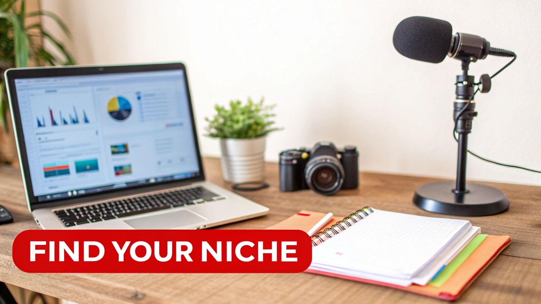 A professional desk setup with a laptop displaying charts, a microphone, a camera, and notebooks.