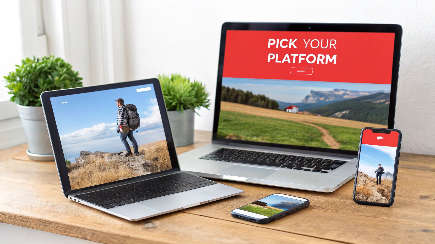 Multiple devices displaying travel website with hiker image demonstrating responsive cross-platform design for online business
