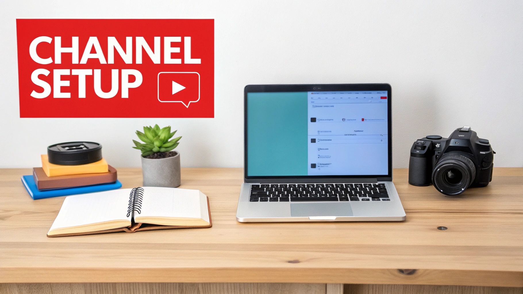 YouTube channel setup workspace with laptop, camera, notebook and red channel setup sign on desk