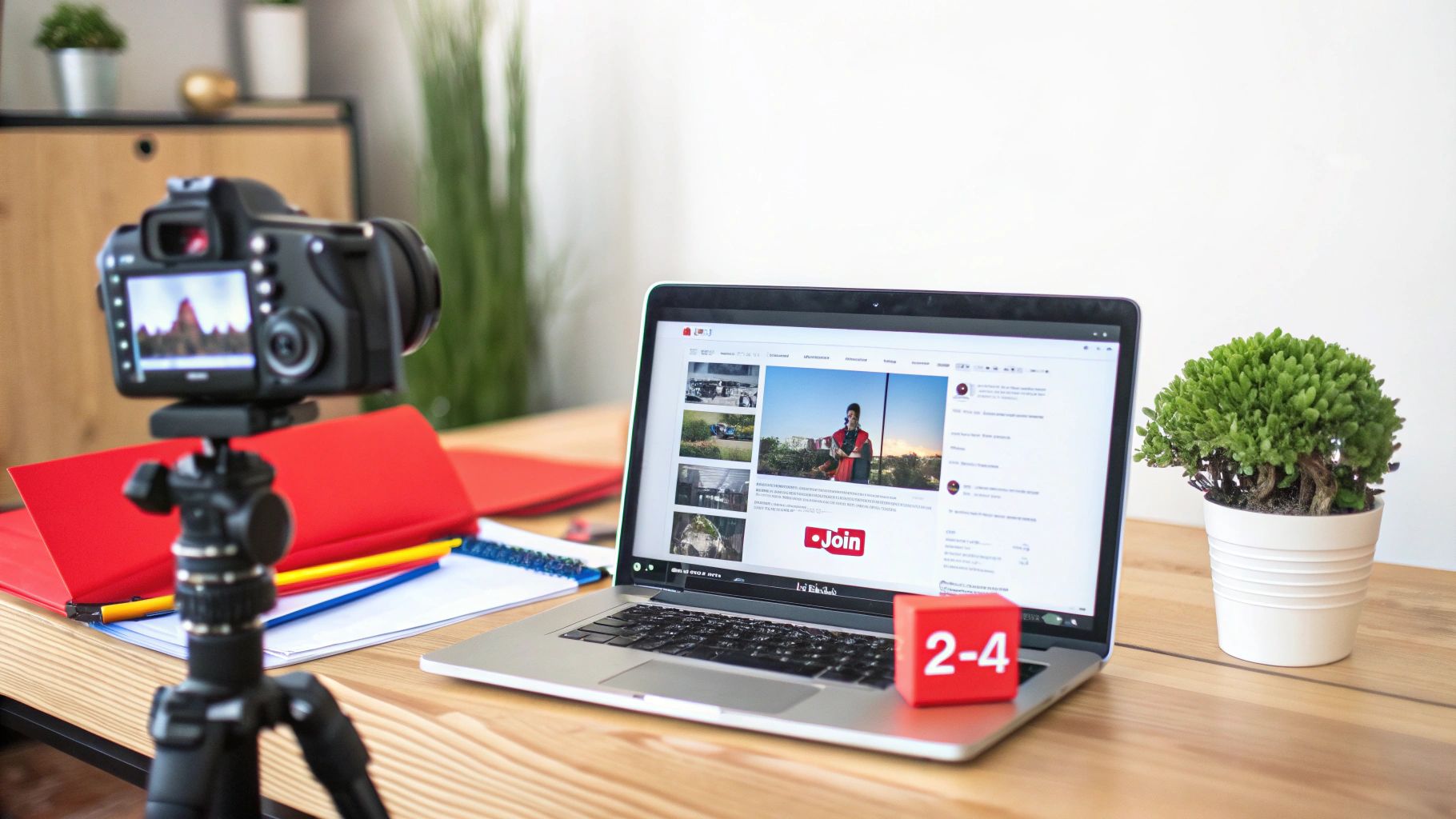 A content creator's desk with a camera on a tripod, a laptop showing YouTube videos, and office supplies.