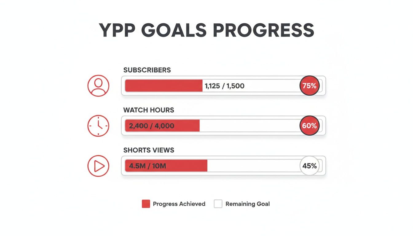 YouTube Partner Program goals progress dashboard displaying subscribers, watch hours, and Shorts views progress.