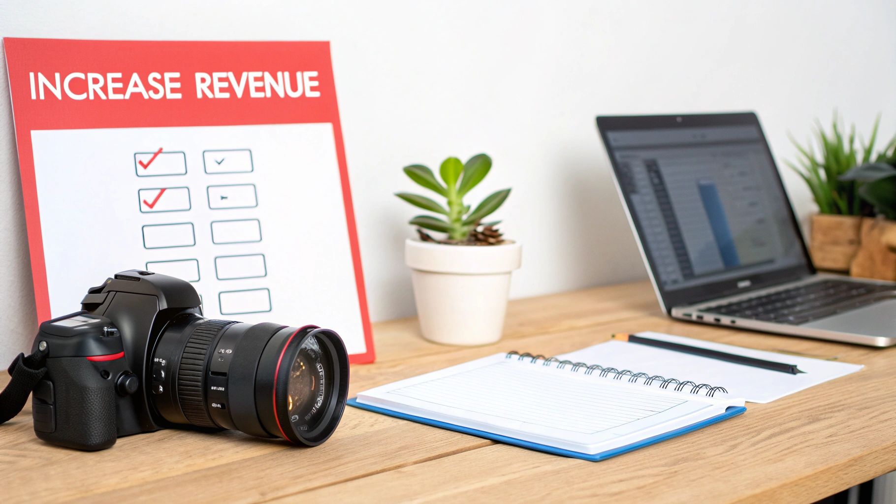 A desk with a camera, 'Increase Revenue' sign, laptop with a graph, and a notebook.