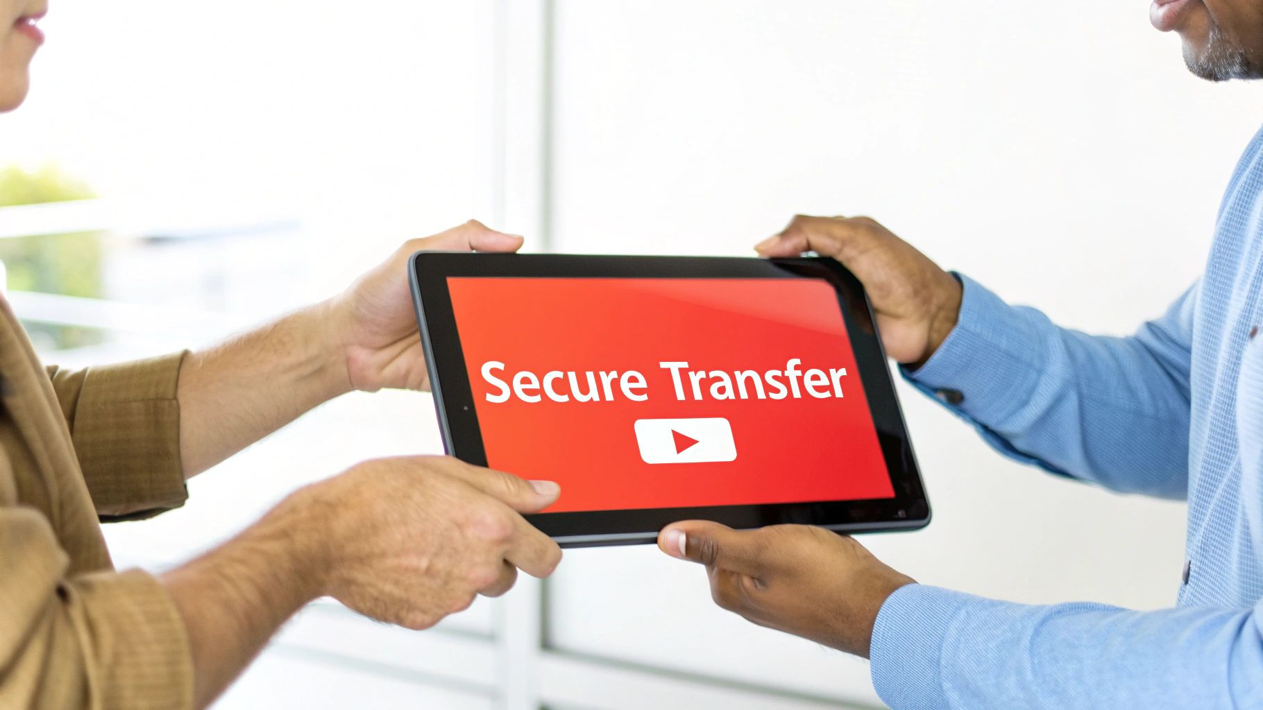 Two people hold a tablet displaying 'Secure Transfer' in white text on a red screen.
