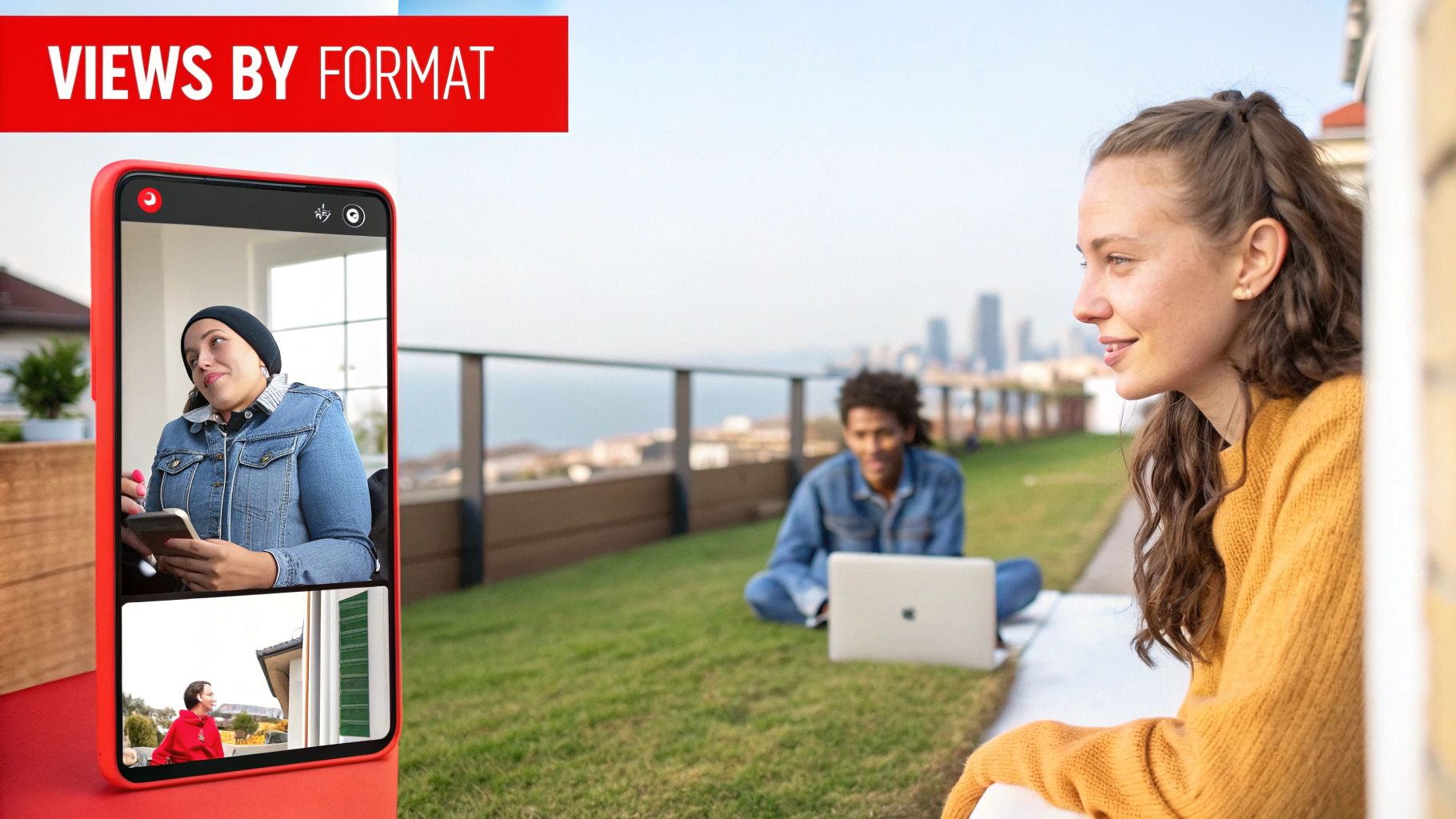 A woman observes a smartphone displaying a video call, while a man works on a laptop outdoors.