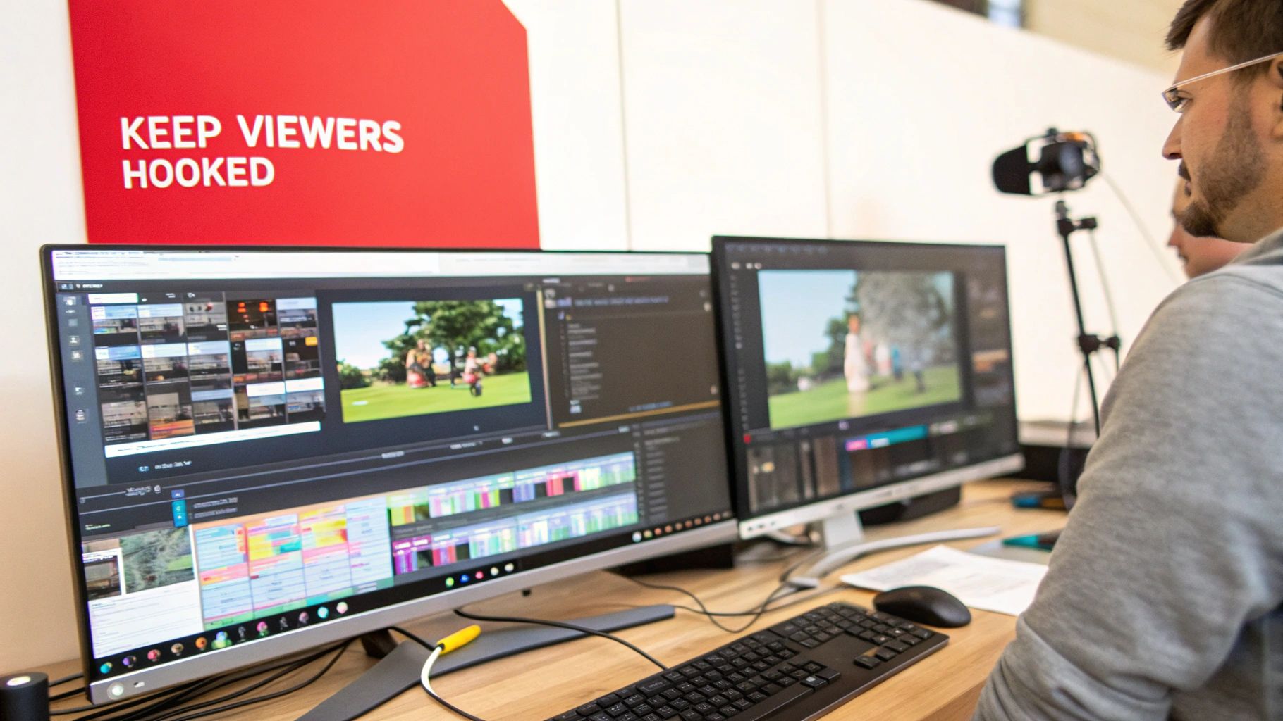 A person using a video editing software on a computer, with timelines and graphical elements visible on the screen.