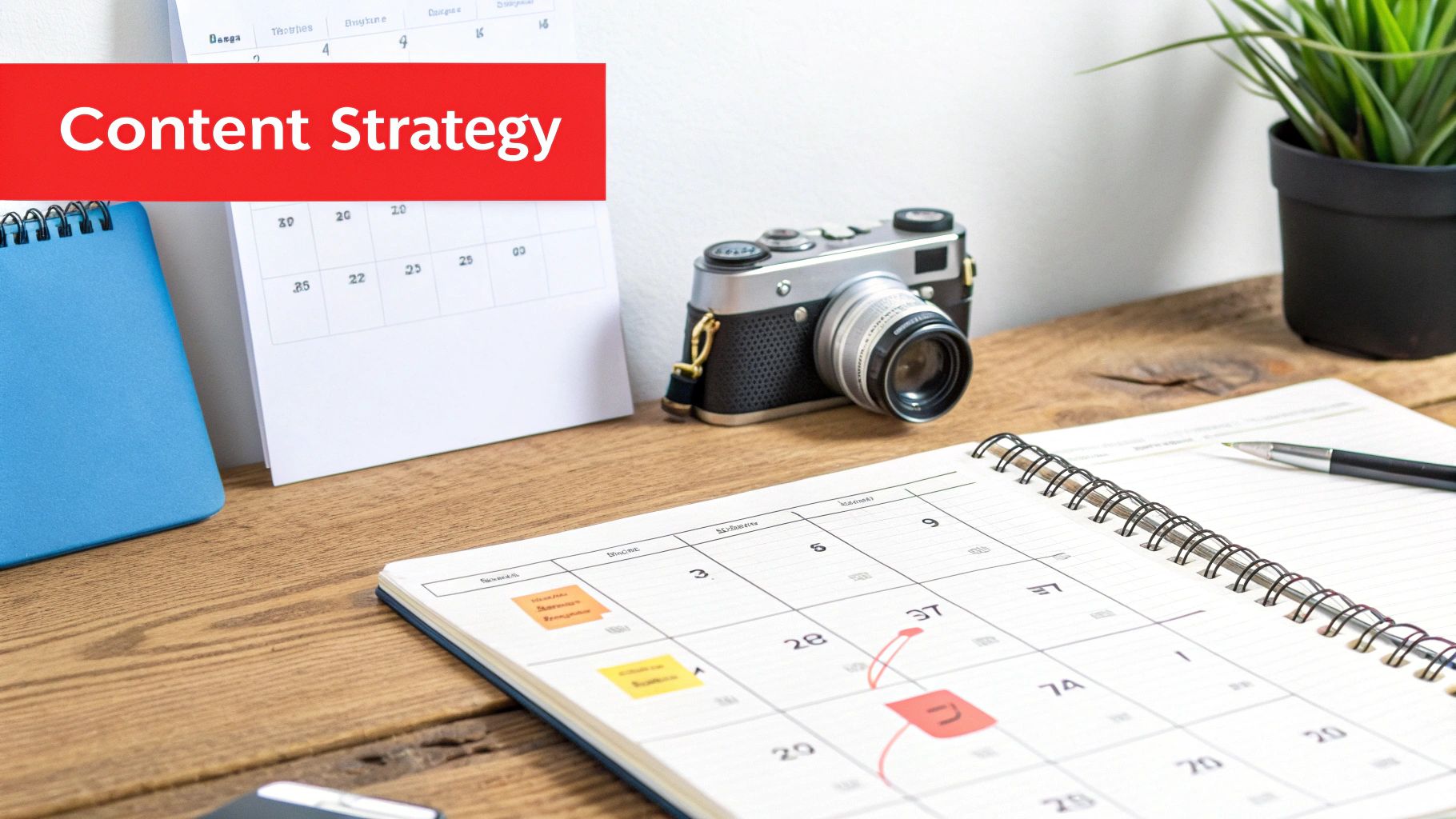 A content creator's desk showing a 'Content Strategy' banner, calendars, camera, and notebook for planning.