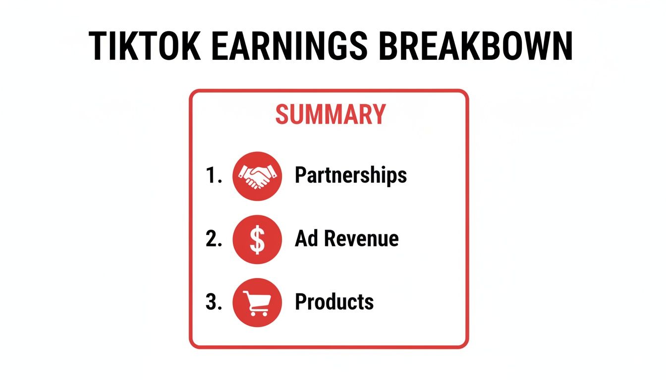A graphic titled 'TikTok Earnings Breakdown' summarizing revenue sources: Partnerships, Ad Revenue, and Products.