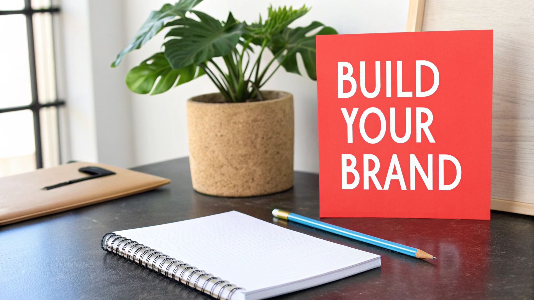 A red card with 'BUILD YOUR BRAND' on a dark desk alongside a notebook, pencil, and a potted plant.
