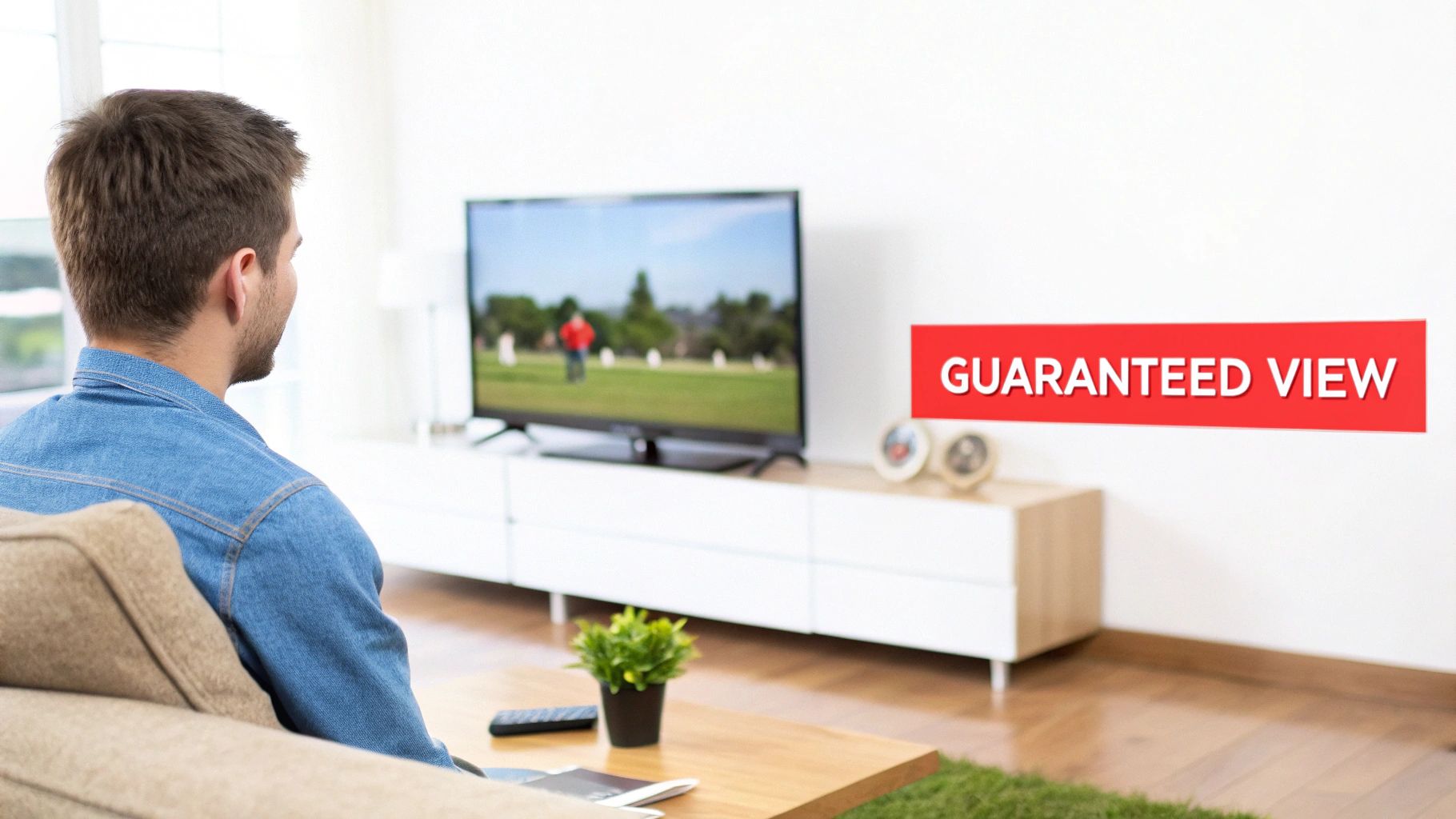 A man from behind watches TV showing a golf course, with a 'GUARANTEED VIEW' banner in a modern living room.