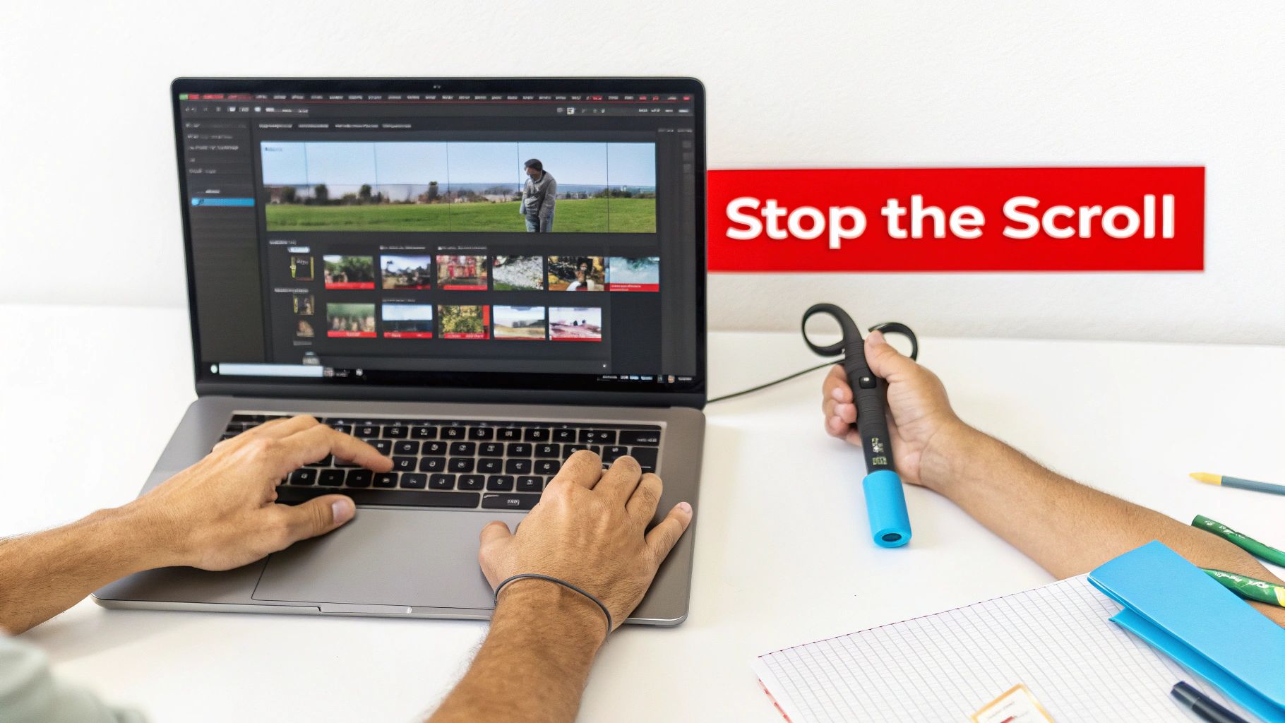 A person is editing videos on a laptop with a "Stop the Scroll" sign on the wall, optimizing YouTube content.