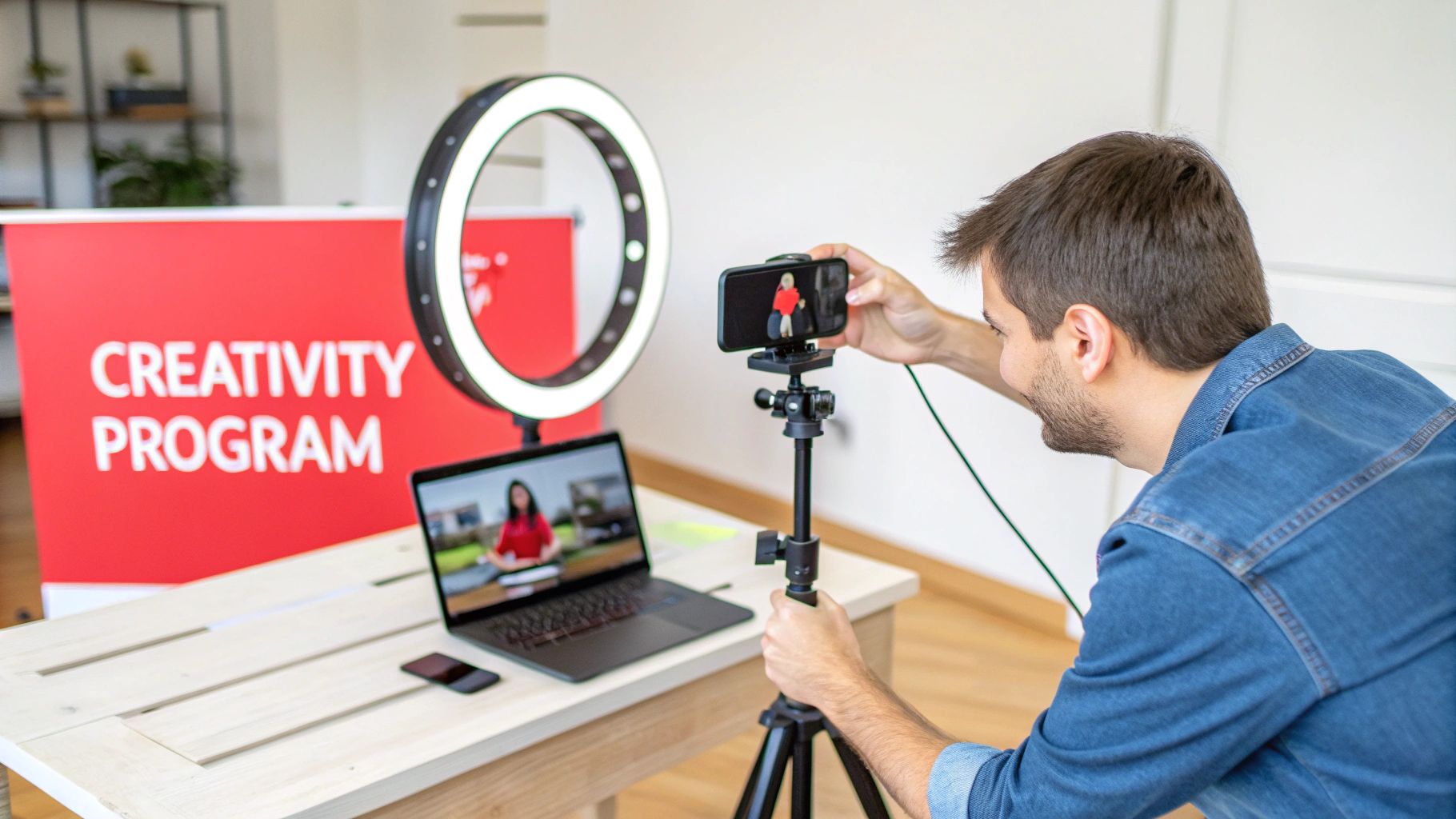 A person creating a sponsored video for a brand, with products arranged neatly in the background.
