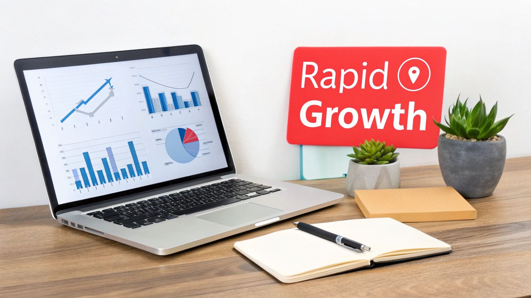 Laptop displaying financial charts, 'Rapid Growth' sign, succulents, and office supplies on a wooden desk.