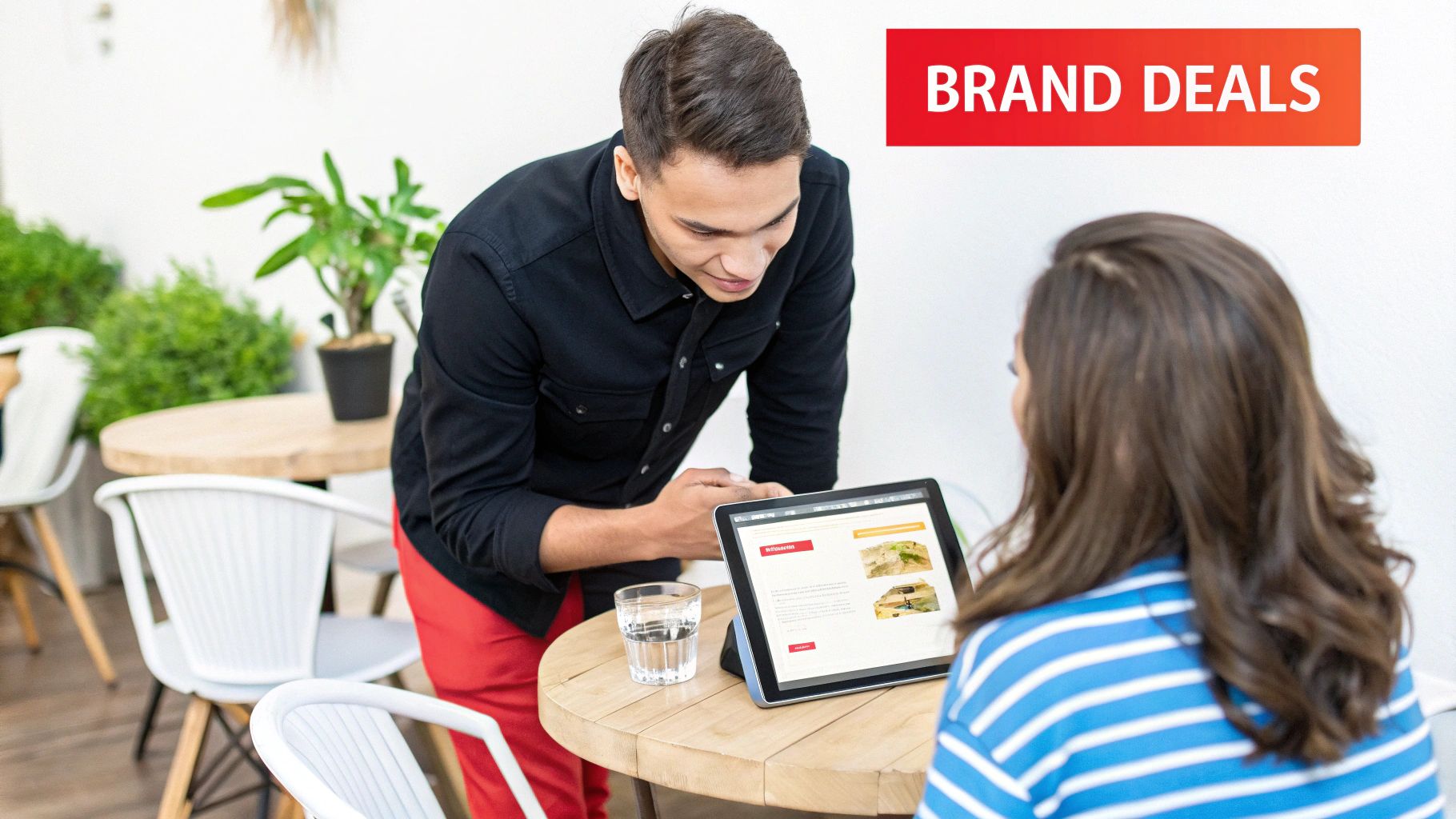 Two people, a man and a woman, discussing content on a tablet at a table, with a glass of water.