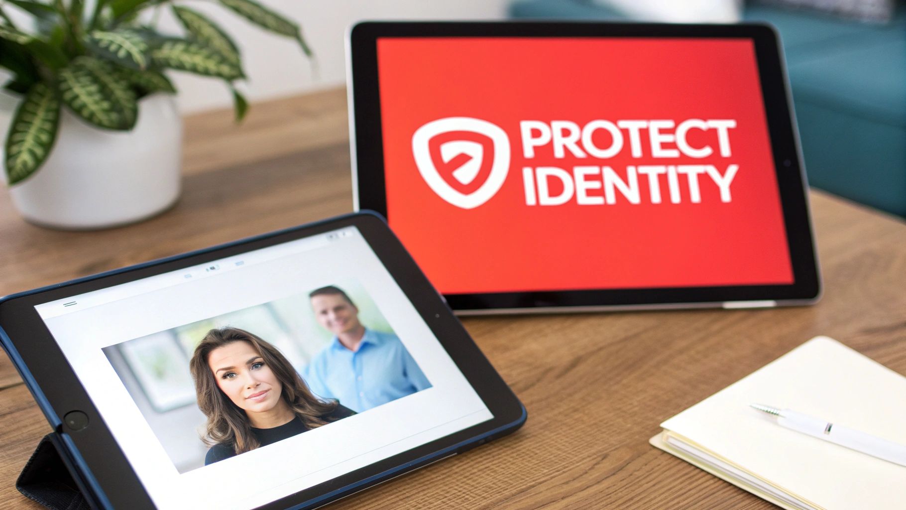 Two tablets on a wooden desk, one displaying 'Protect Identity' logo, the other a video call.