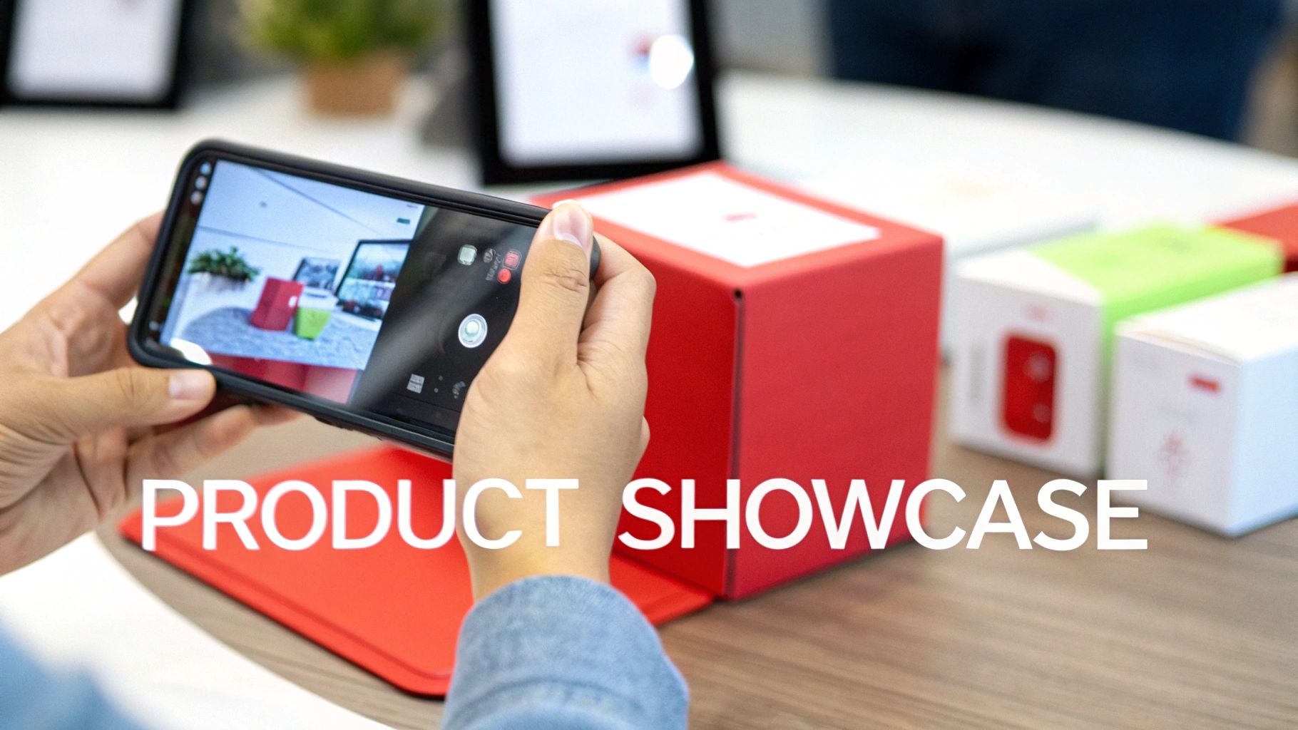 Person using a smartphone to photograph a display of colorful product boxes on a table, highlighting a product showcase.