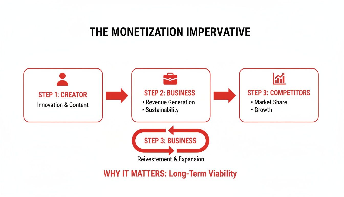 Flowchart illustrating the monetization imperative: Creator, Business for revenue, Competitors for growth, and Business reinvestment.