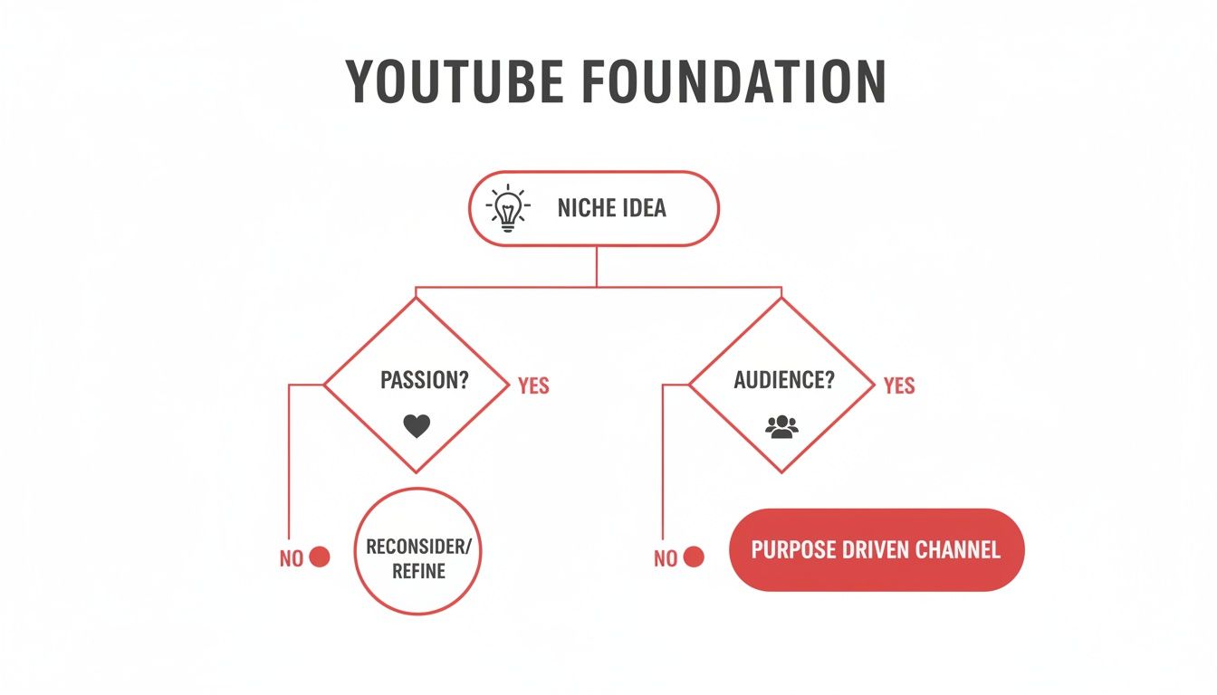 Flowchart guiding the foundation of a YouTube channel with steps for niche, passion, and audience.