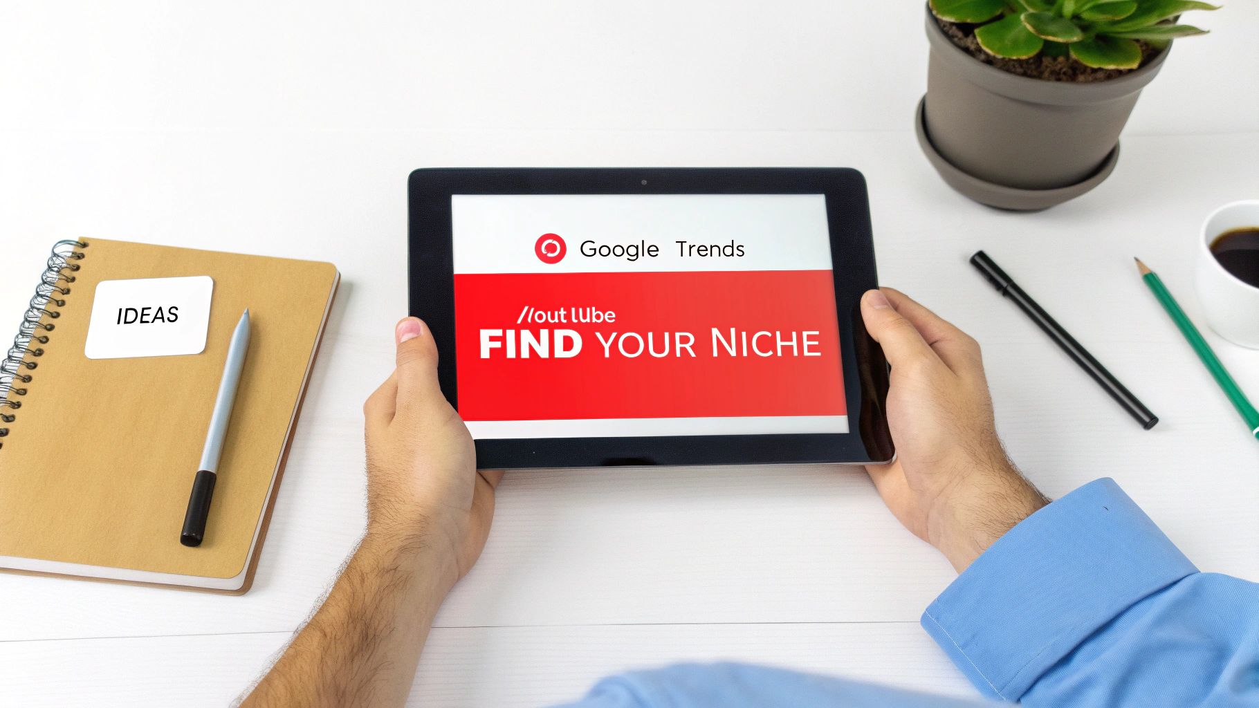 Person holding a tablet showing Google Trends and 'Find Your Niche' next to a notebook with 'IDEAS'.