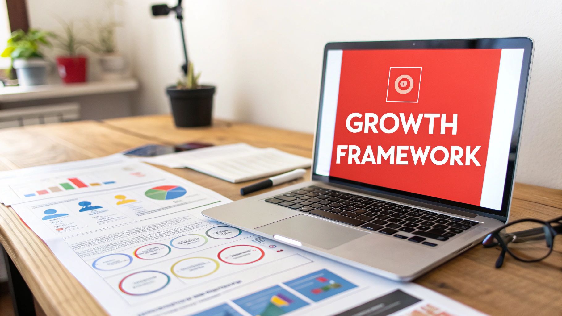 A laptop displaying a 'GROWTH FRAMEWORK' presentation with business documents on a wooden desk.
