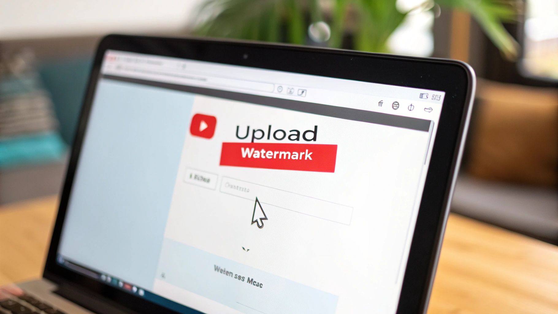 A laptop screen displays the YouTube 'Upload Watermark' interface with a cursor on an input field.