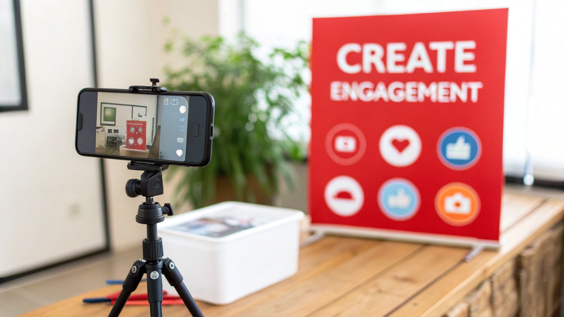 Smartphone on a tripod recording a red sign that says 'CREATE ENGAGEMENT' with social media icons.