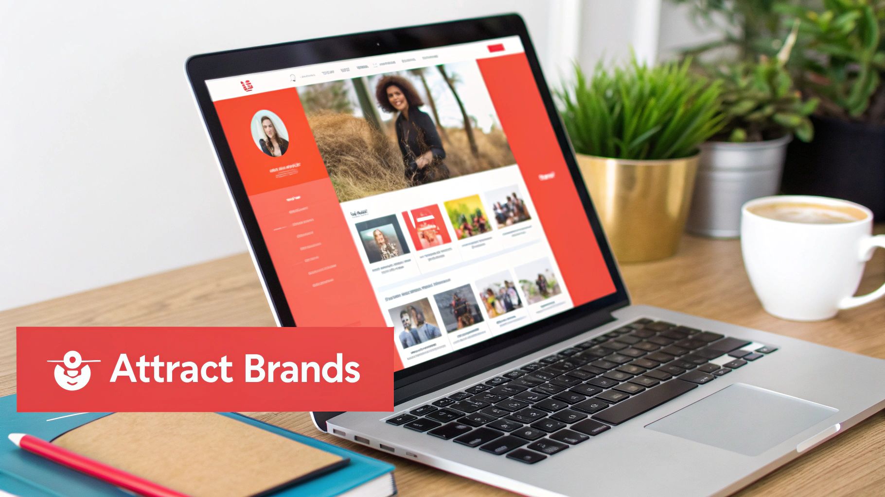 A laptop on a wooden desk displays a creative platform with user profiles and an 'Attract Brands' banner.