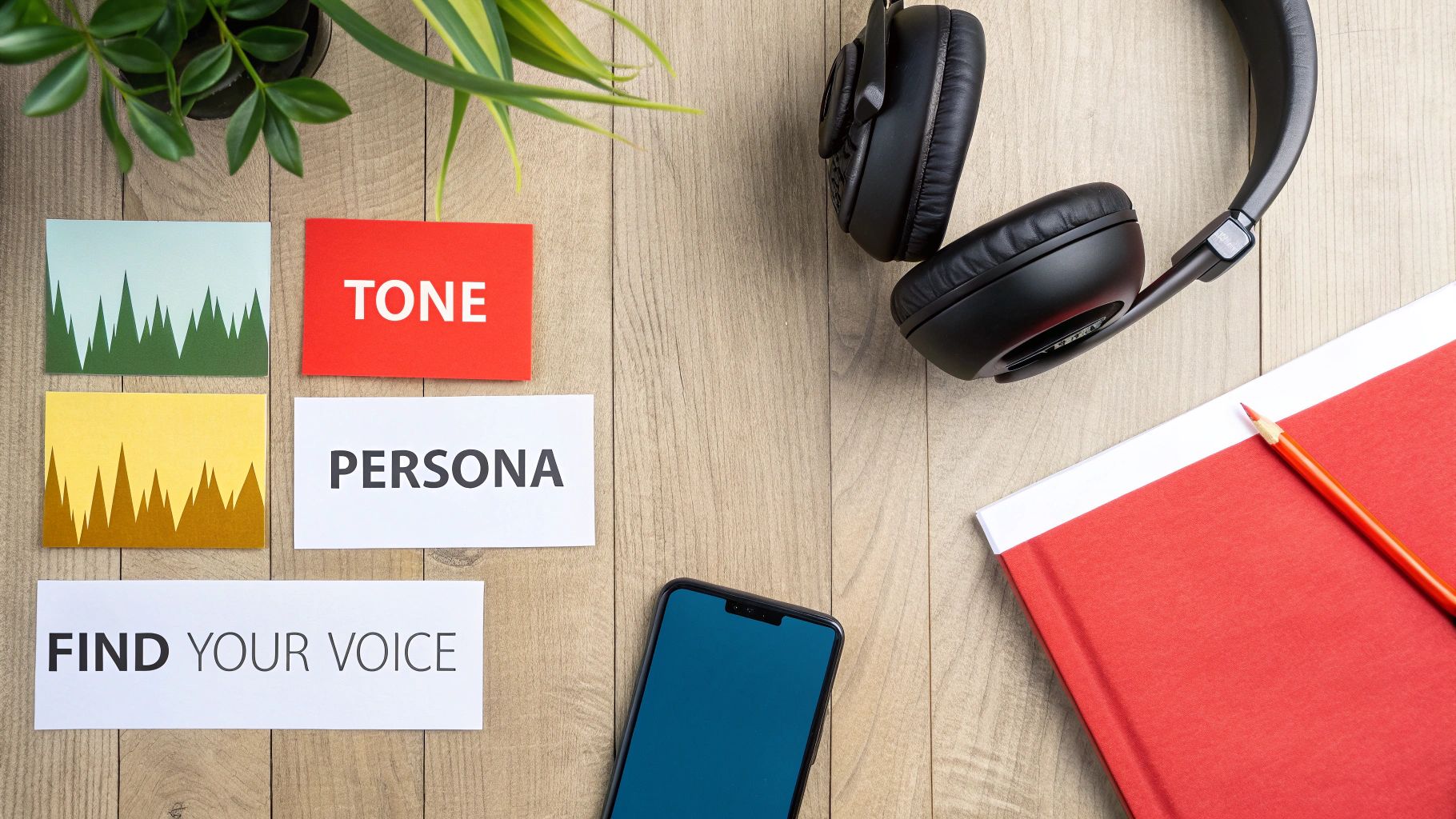 Desk flat lay with headphones, a notebook, smartphone, and cards saying 'TONE', 'PERSONA', 'FIND YOUR VOICE'.