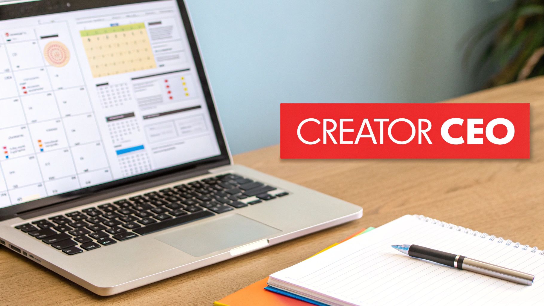 A creator's desk with a laptop showing financial charts, a notebook for business planning, and a legal document.