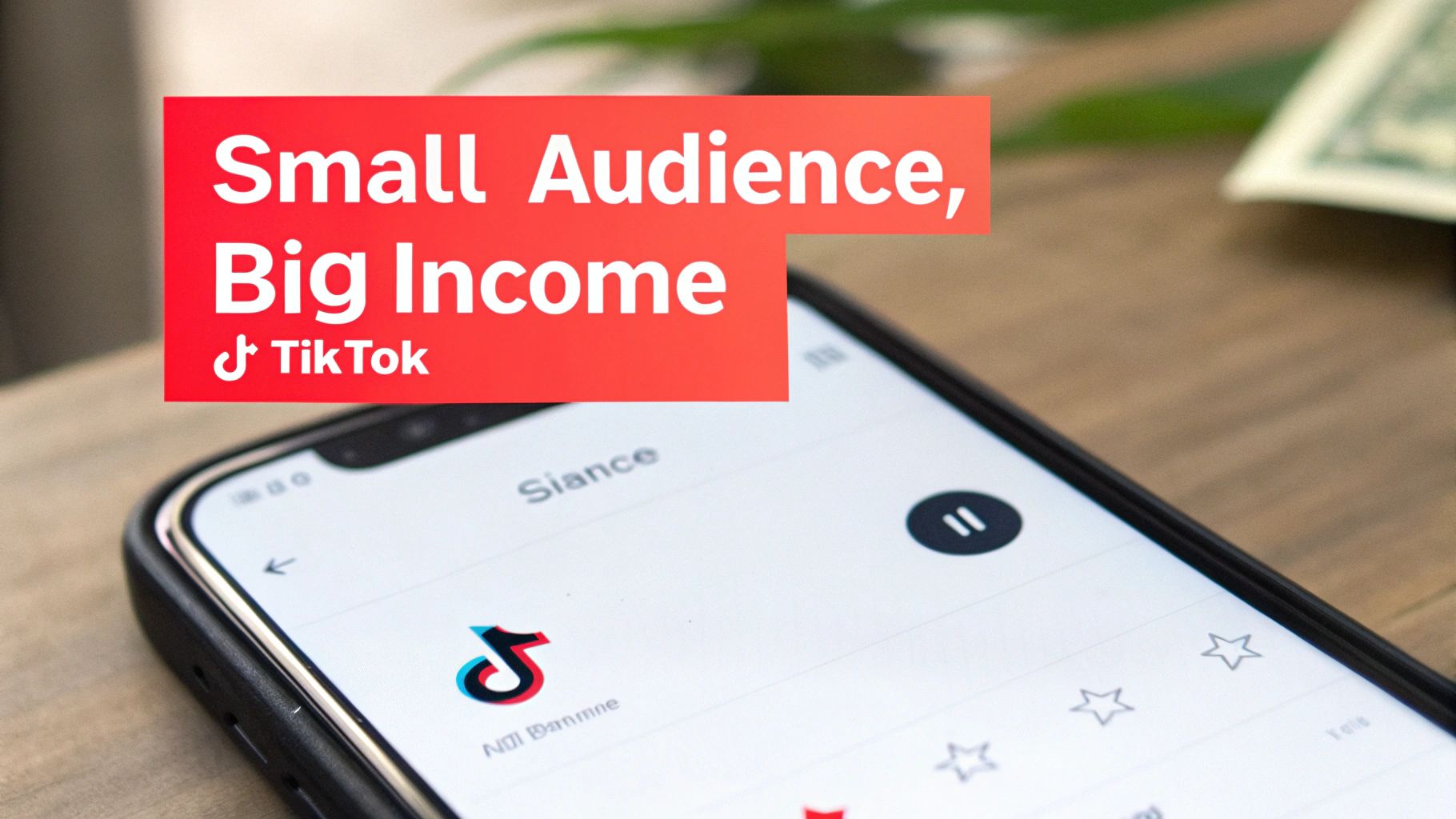 A smartphone displays the TikTok app with a red overlay featuring 'Small Audience, Big Income' text, implying monetization.