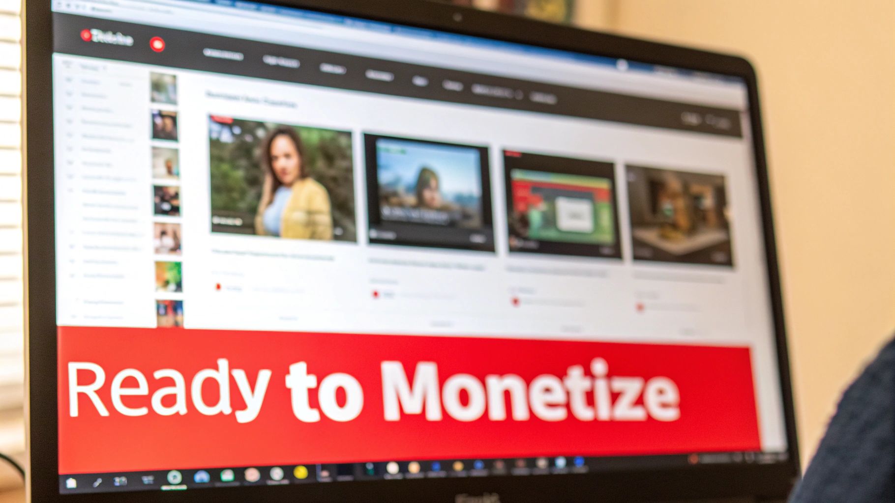 A laptop screen displays the YouTube interface with various video thumbnails and a 'Ready to Monetize' banner.