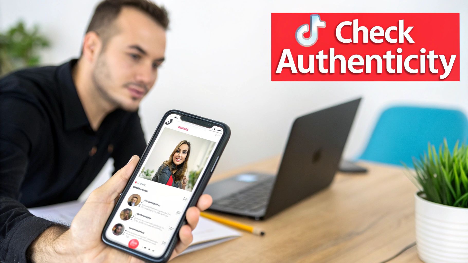Man holding smartphone displaying a TikTok profile with 'Check Authenticity' overlay.